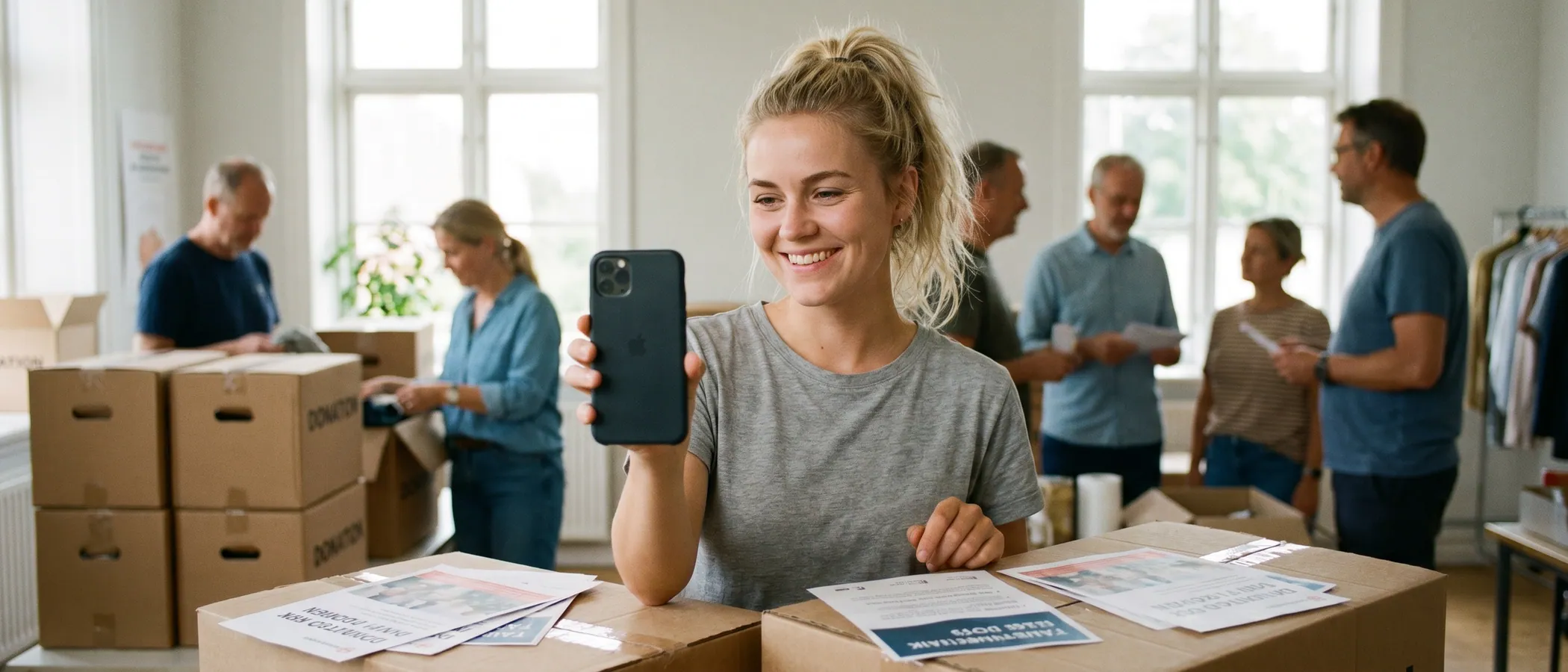 Frivillig medarbejder hos en nonprofit-organisation arbejder på en laptop i et lokalt kontor