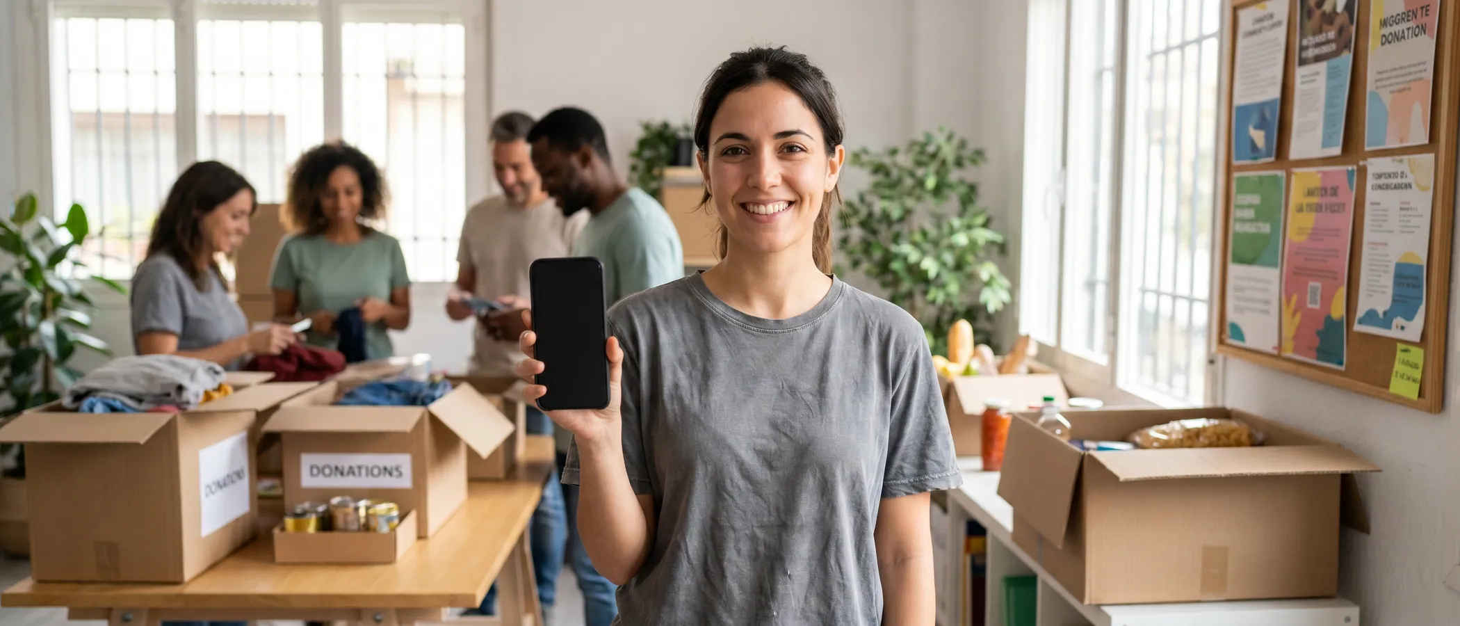 Voluntario de una organización sin fines de lucro trabajando en un portátil en una pequeña oficina comunitaria con Google Ad Grants