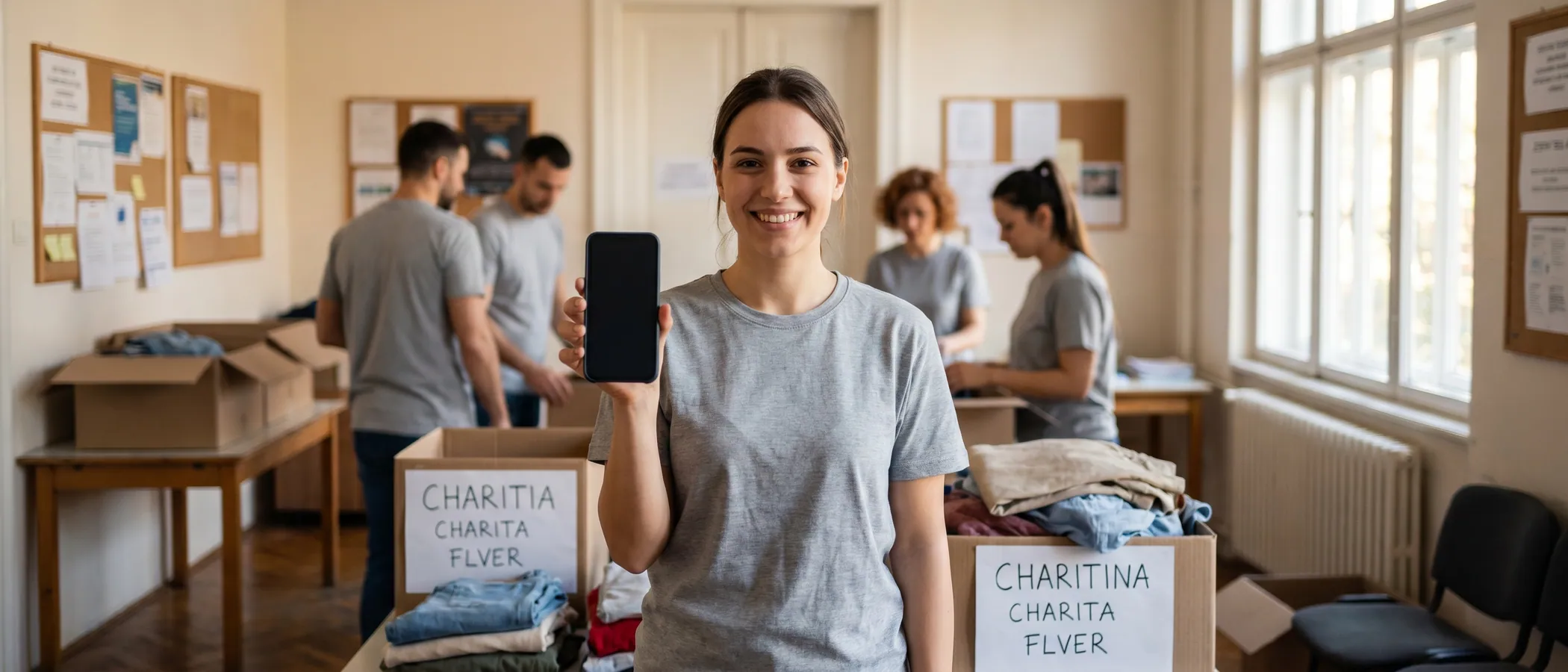 Volonter neprofitne organizacije radi na laptopu u malom uredskom prostoru koristeći Google Ad Grants