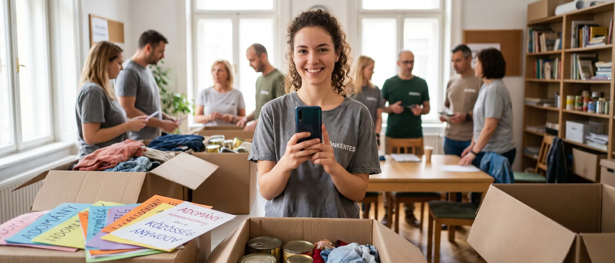 Önkéntes munkatárs laptopot használ egy kis közösségi irodában nonprofit Google Ad Grants kampányhoz