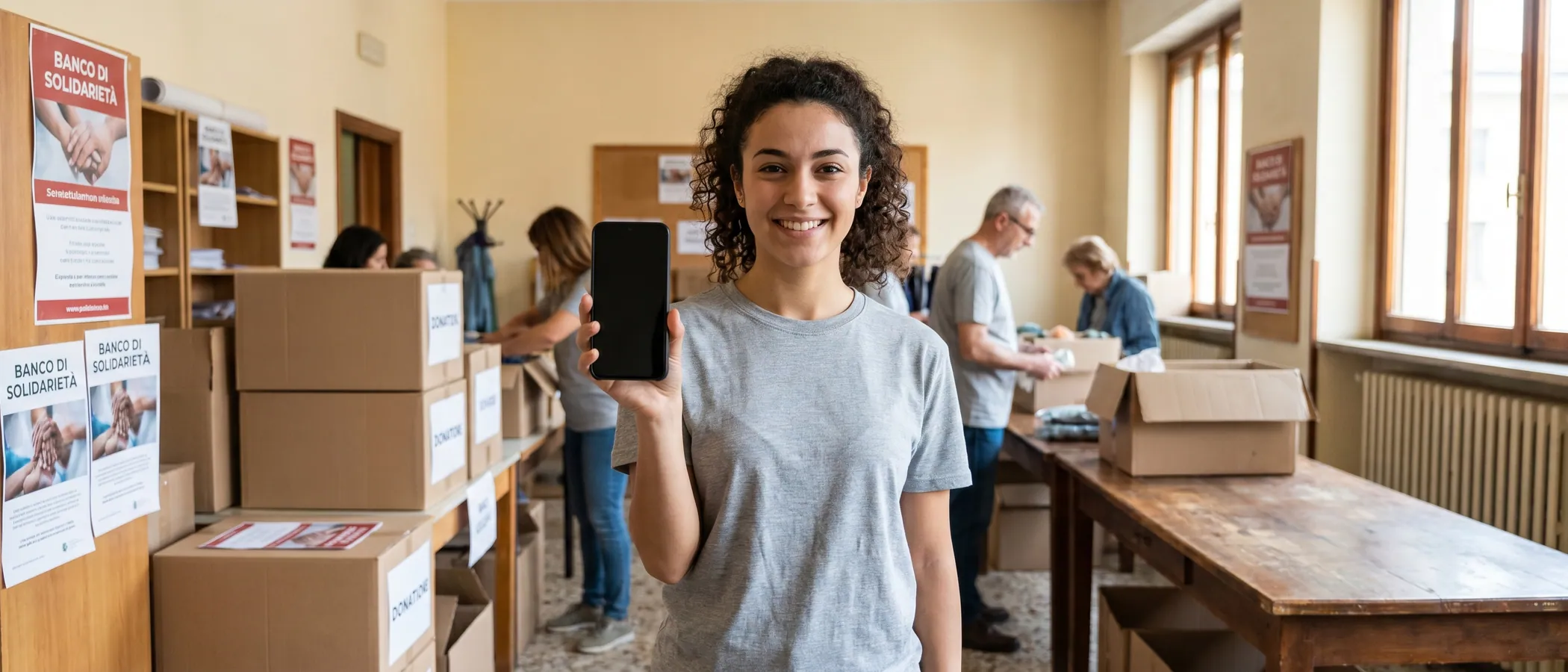 Volontario di un'organizzazione non profit che lavora al laptop in un piccolo ufficio comunitario con Google Ad Grants