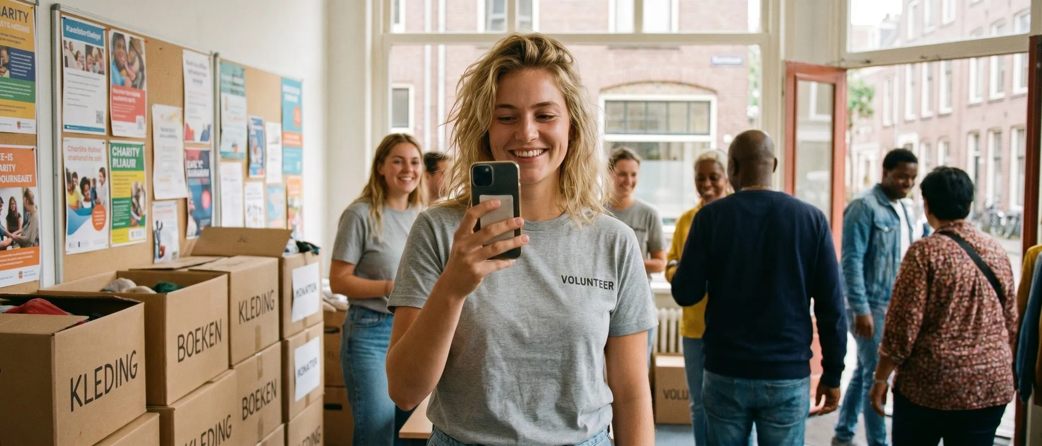 Vrijwilliger van een goed doel werkt op een laptop in een klein kantoor dankzij Google Ad Grants