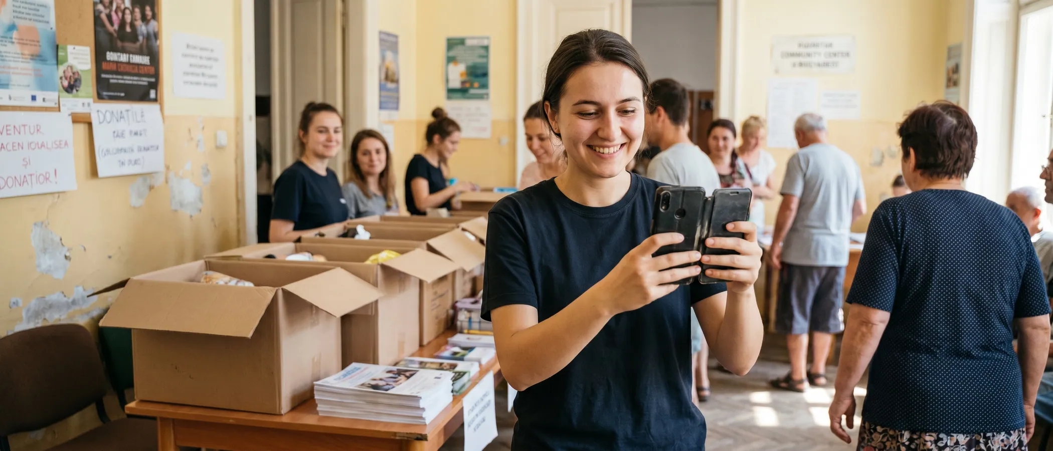 Un voluntar dintr-o organizație nonprofit lucrează pe laptop într-un birou comunitar mic folosind Google Ad Grants