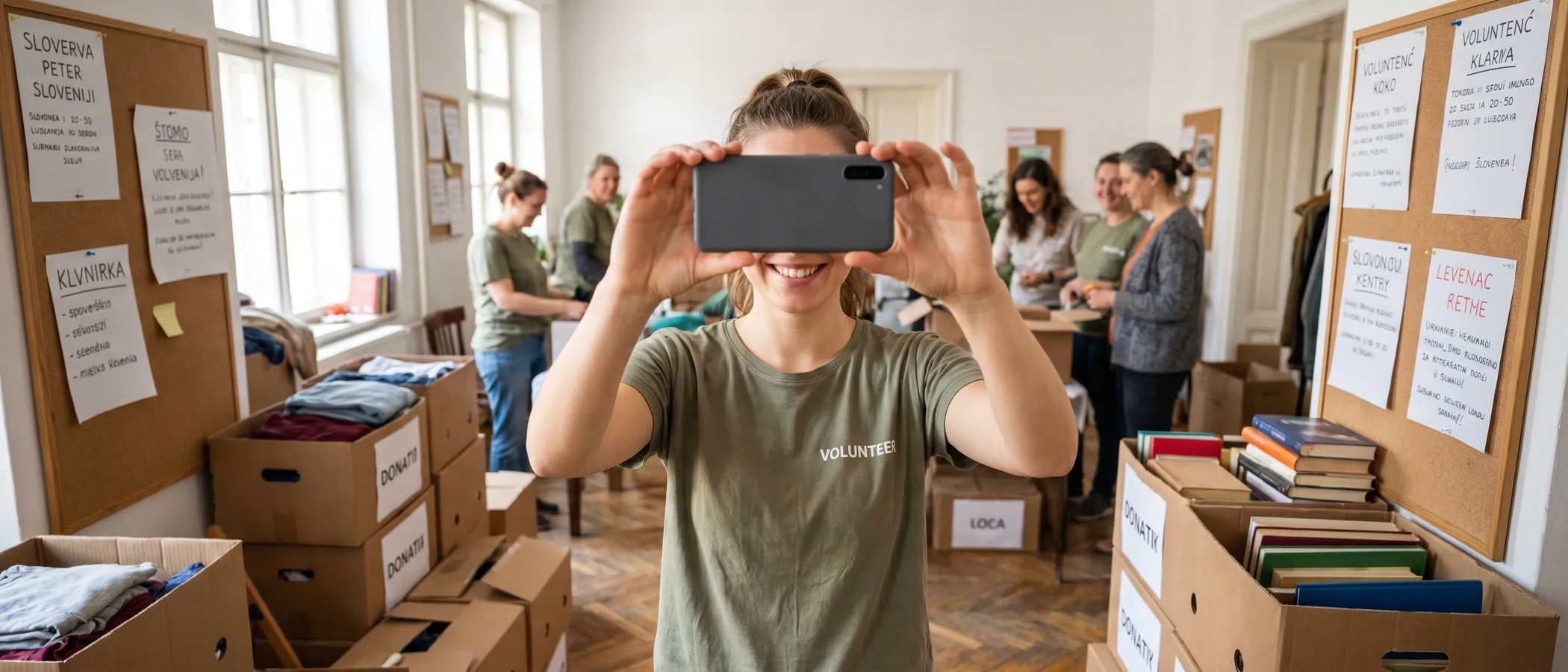 Prostovoljec neprofitne organizacije dela na prenosnem računalniku v manjši skupnostni pisarni z Google Ad Grants