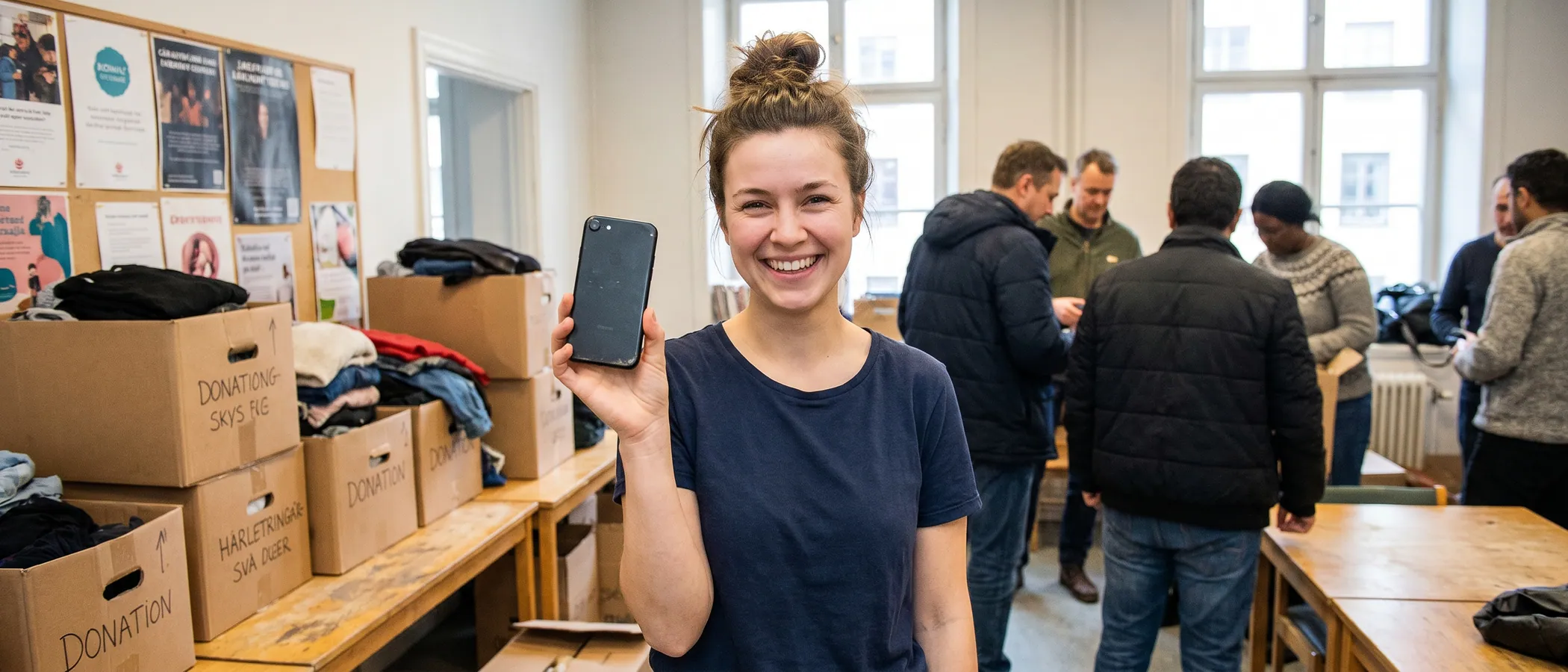 Volontär arbetar på en laptop i ett litet gemenskapskontor med Google Ad Grants för ideella organisationer