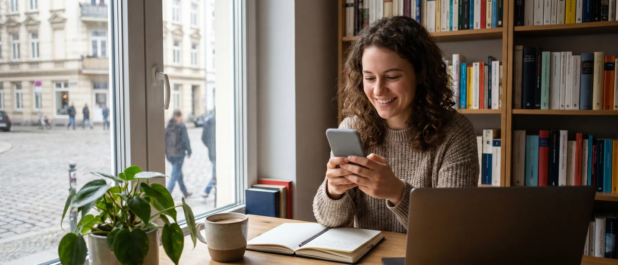 Selbstständige Unternehmerin verwaltet ihr Google-Ads-Marketing ohne Agentur eigenständig am Laptop
