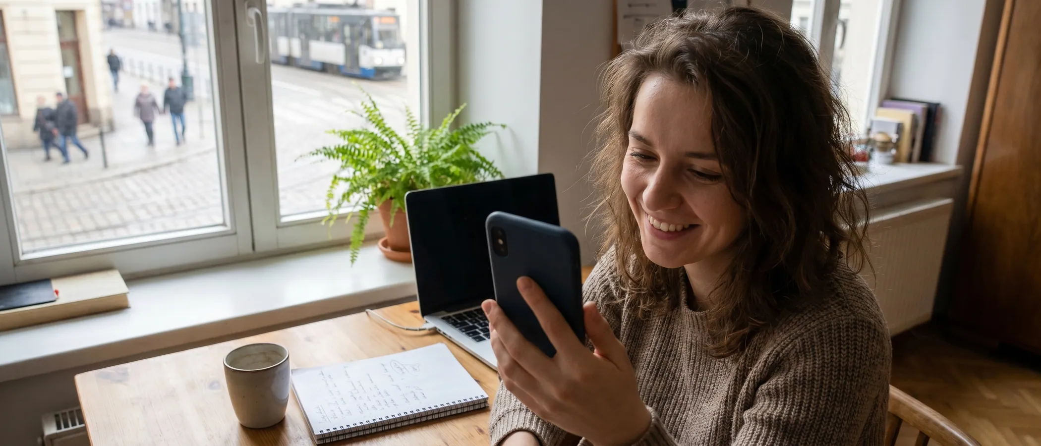 Pewny siebie właściciel małej firmy samodzielnie zarządza reklamami Google Ads na laptopie