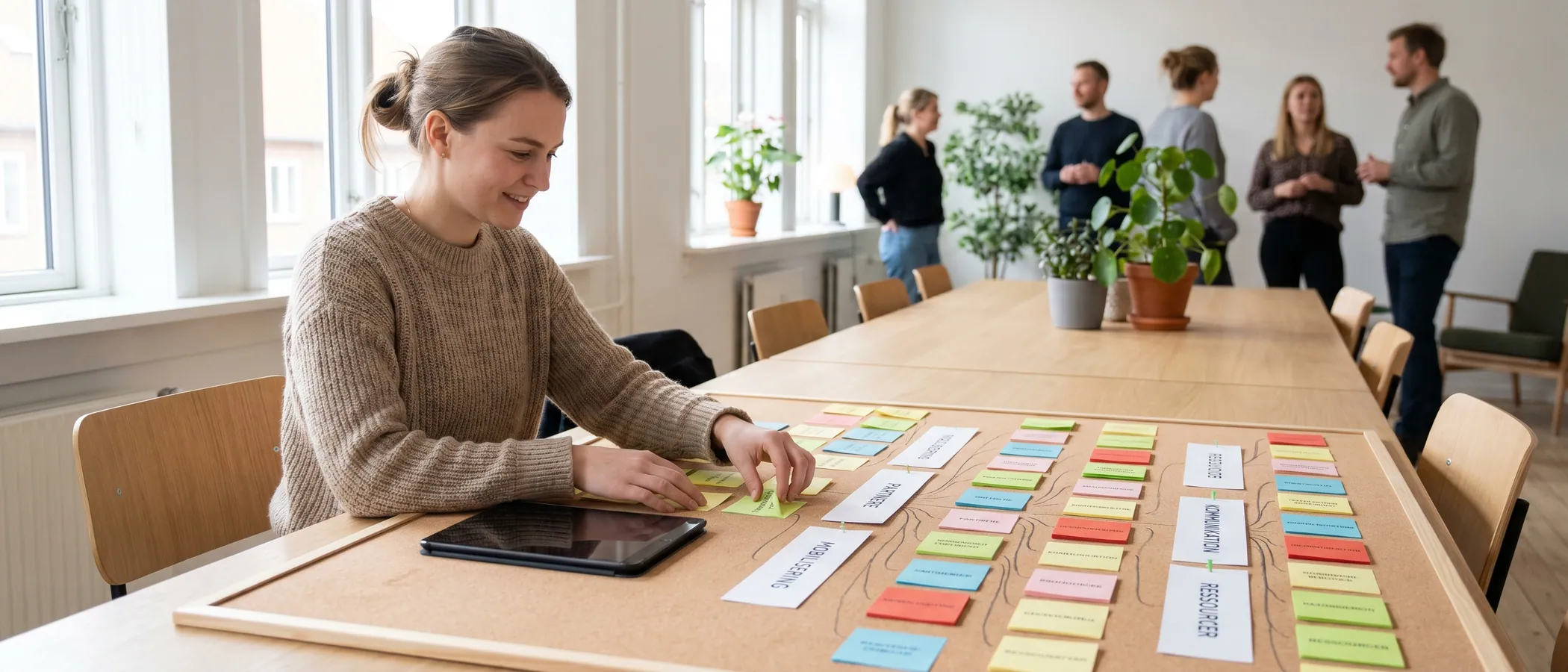 Person planlægger Google Ads-kampagnestruktur med sticky notes ved siden af en laptop