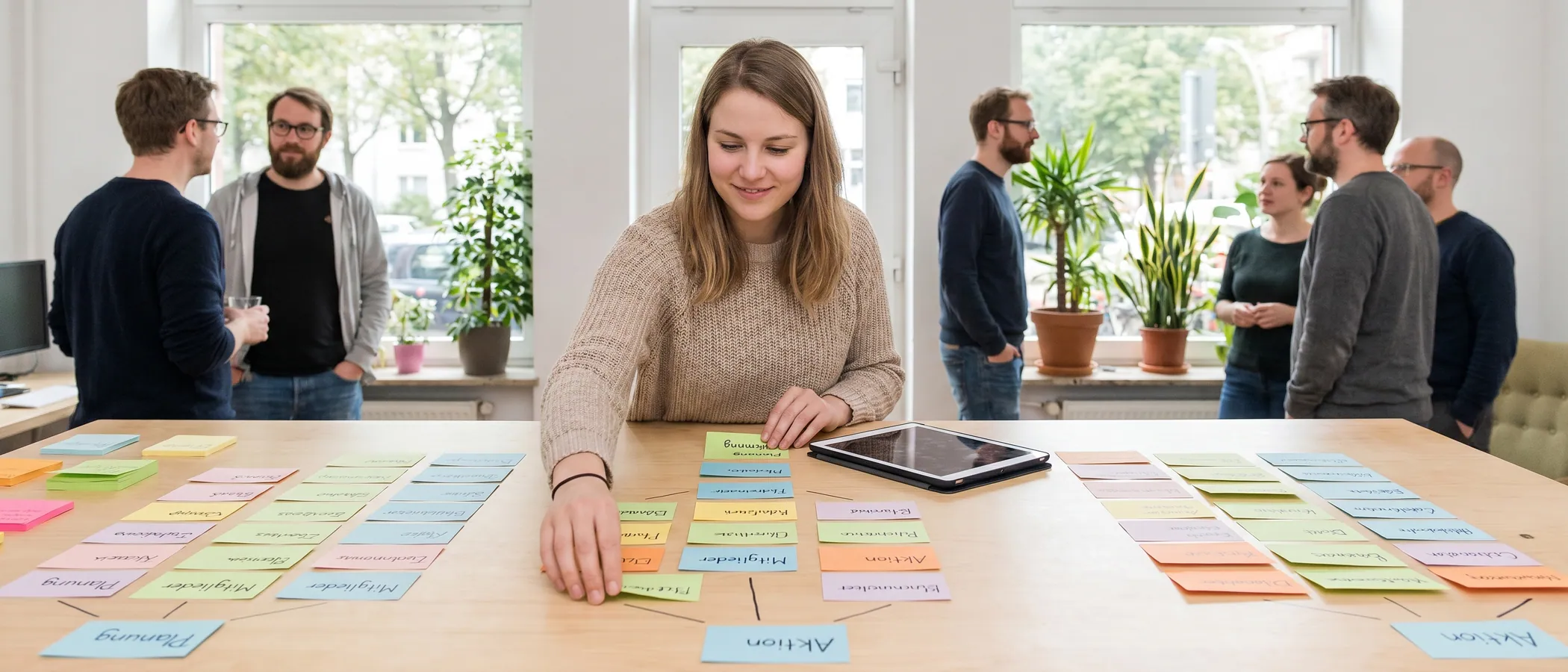 Person plant die Google-Ads-Kampagnenstruktur mit Haftnotizen neben dem Laptop
