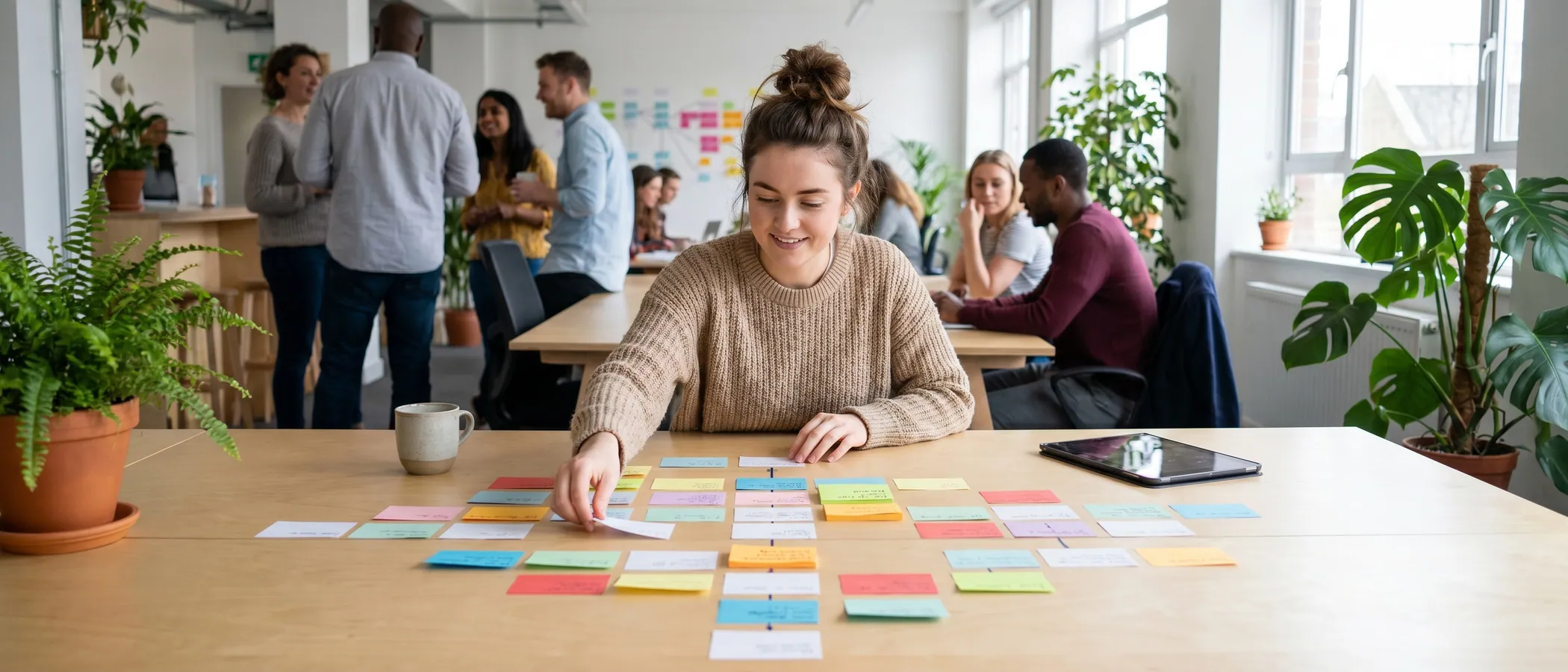A person planning Google Ads campaign structure with sticky notes beside a laptop
