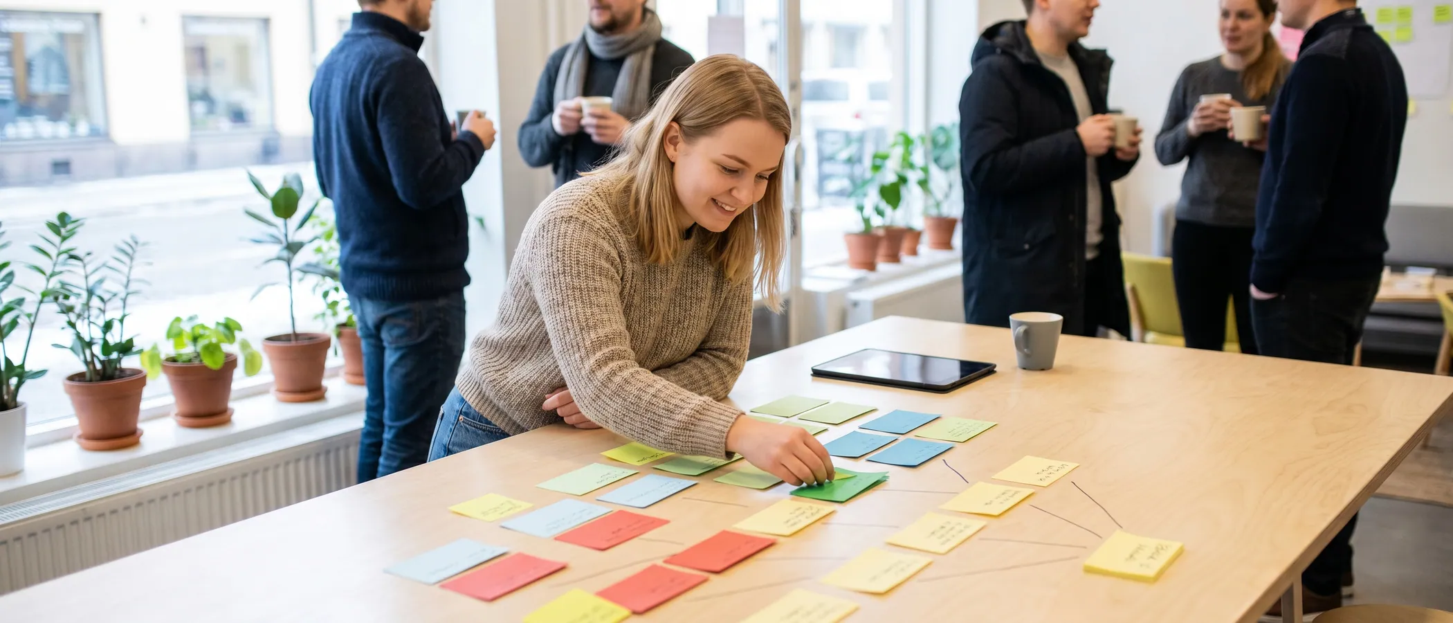 Henkilö suunnittelee Google Ads -kampanjarakennetta tarralappujen ja kannettavan tietokoneen avulla