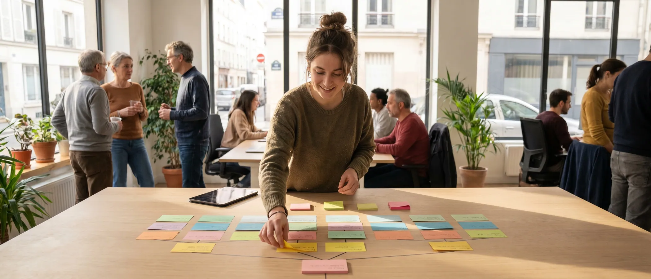Une personne planifie la structure d'une campagne Google Ads avec des notes autocollantes près de son ordinateur