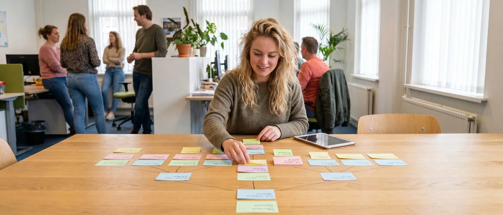 Persoon plant de structuur van een Google Ads campagne met sticky notes naast een laptop