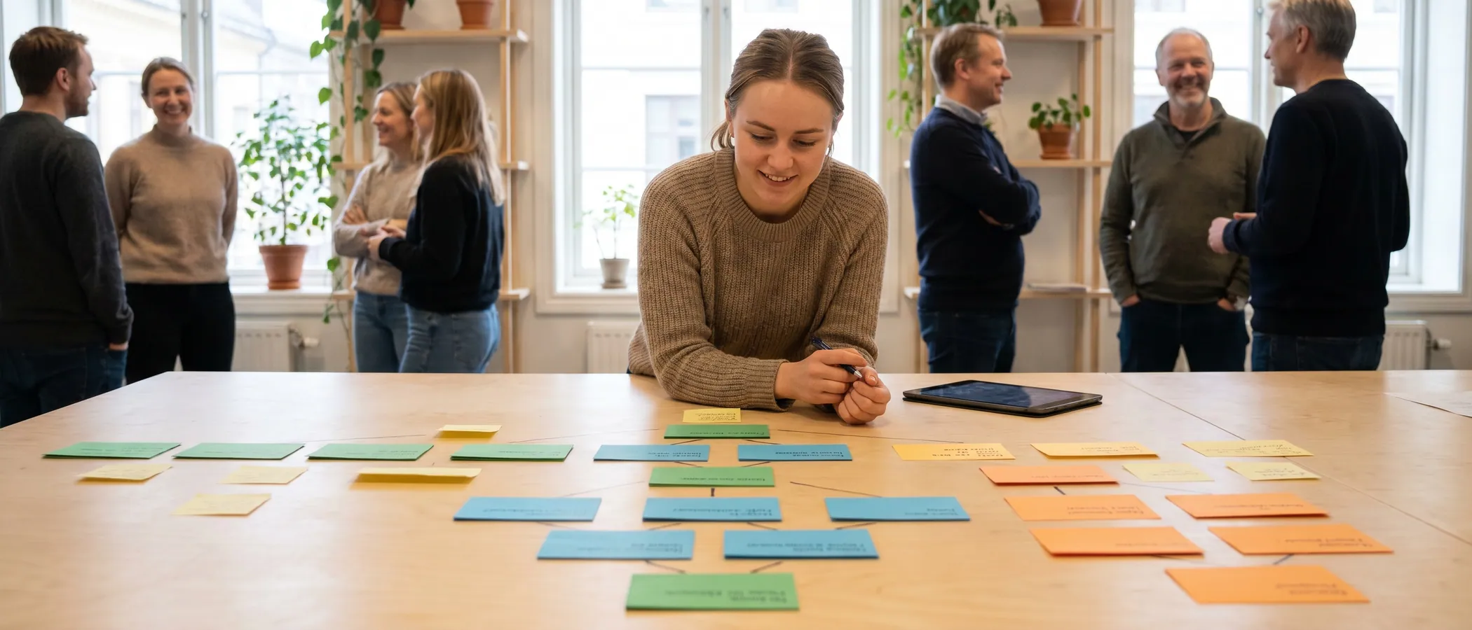 Person planlegger kampanjestruktur i Google Ads med klistrelapper ved siden av laptopen