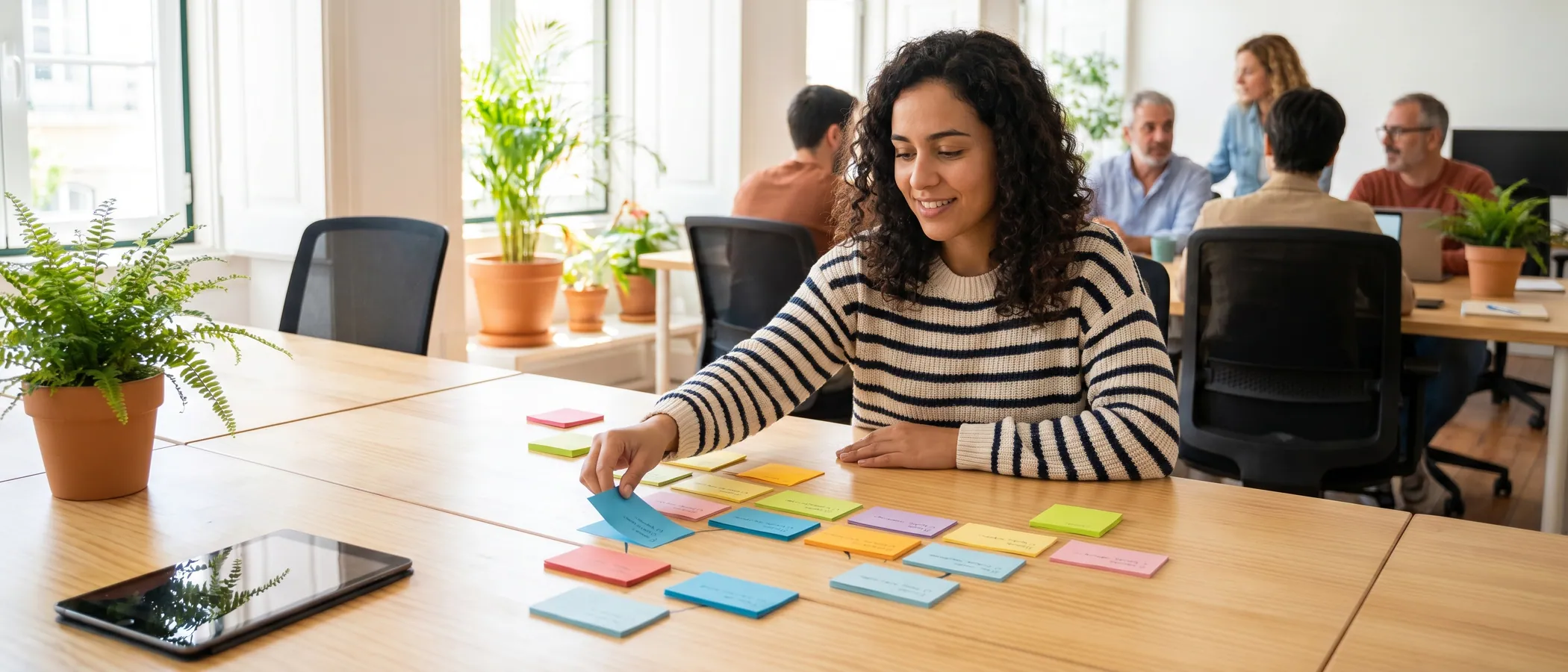 Pessoa a planear a estrutura de uma campanha Google Ads com post-its ao lado do computador