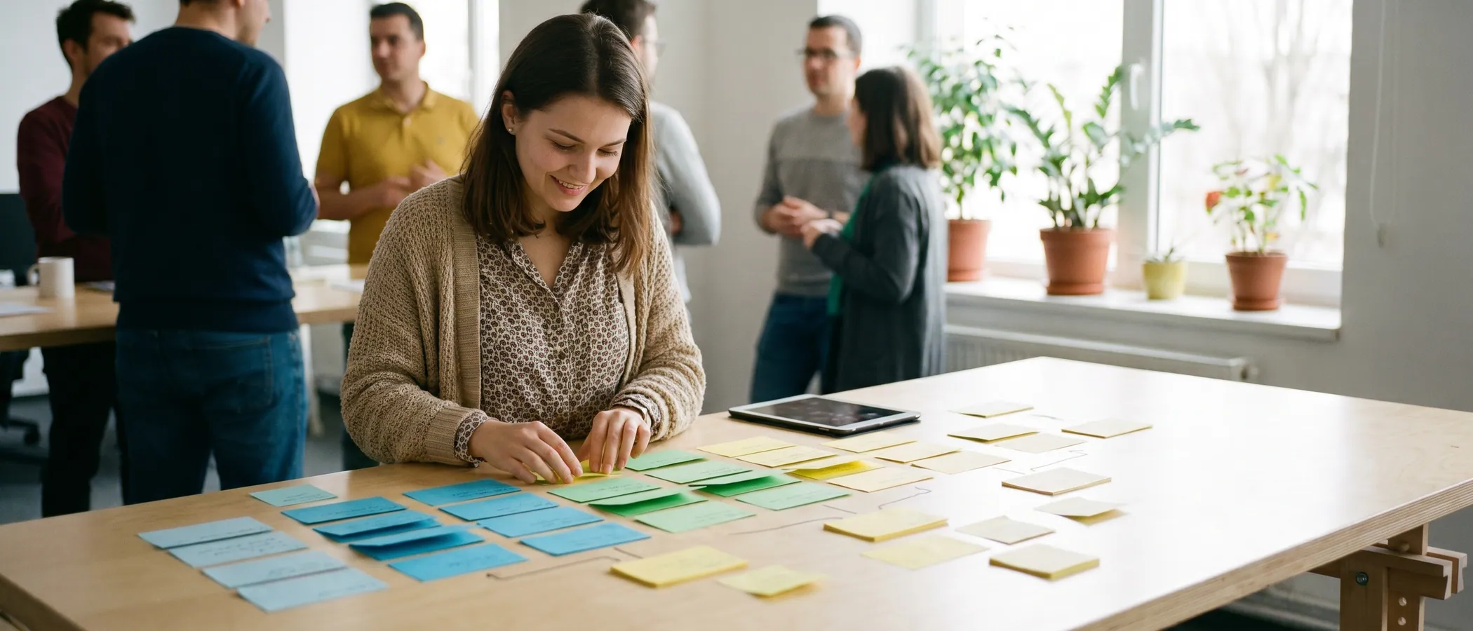 O persoană planifică structura unei campanii Google Ads cu notițe lipite lângă laptop