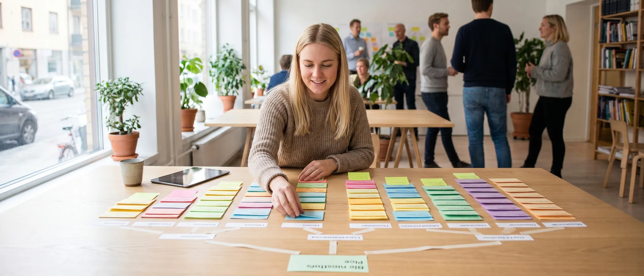 Person planerar kampanjstruktur i Google Ads med klisterlappar bredvid en laptop