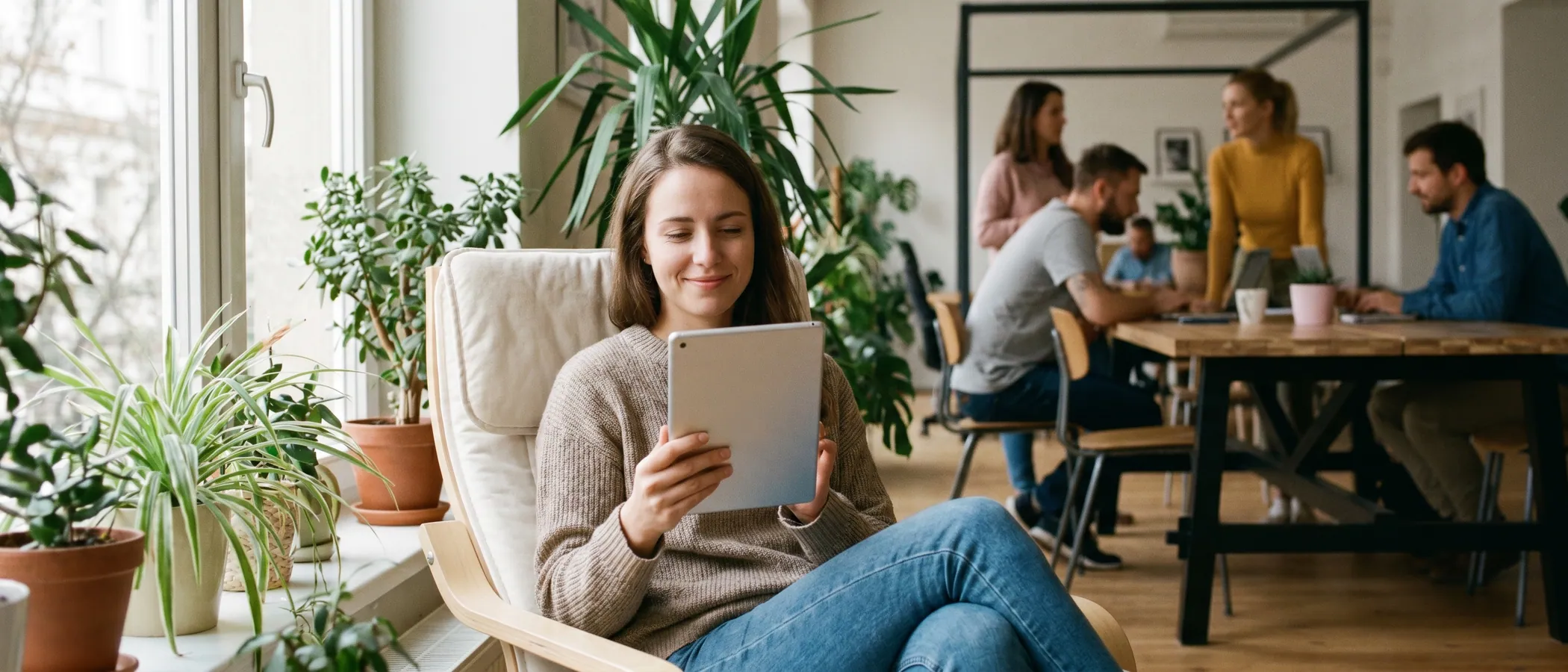 Osoba pracuje v moderní webové aplikaci jako alternativě k Google Ads Editoru na laptopu u světlého stolu