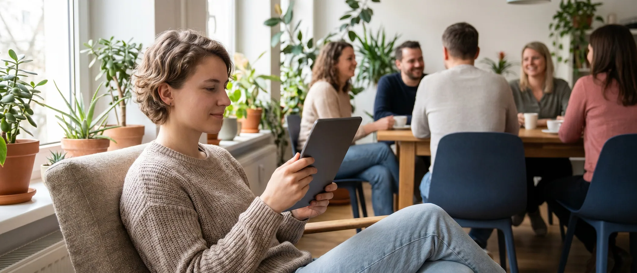 Person arbeitet an einem hellen Schreibtisch mit einer modernen Web-App als Alternative zu Google Ads Editor