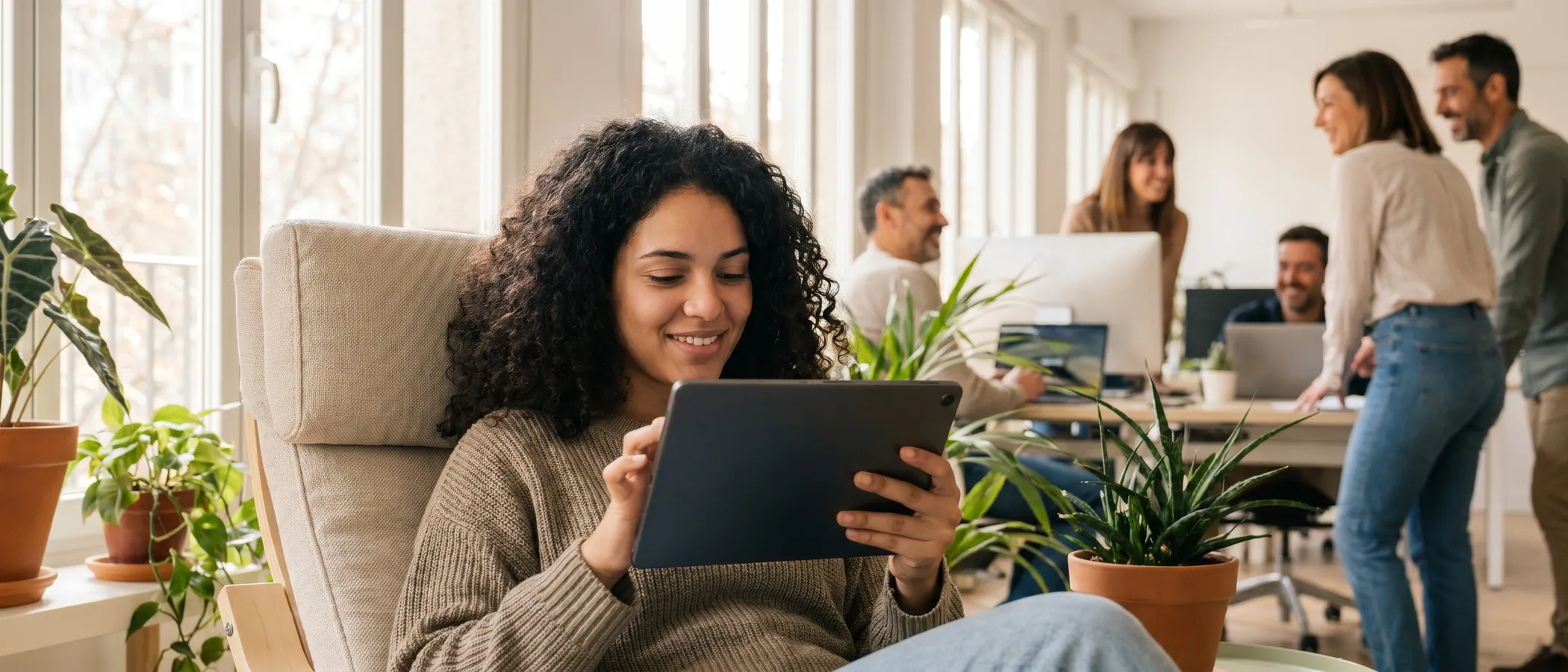 Persona trabajando en una aplicación web moderna como alternativa a Google Ads Editor en un escritorio luminoso