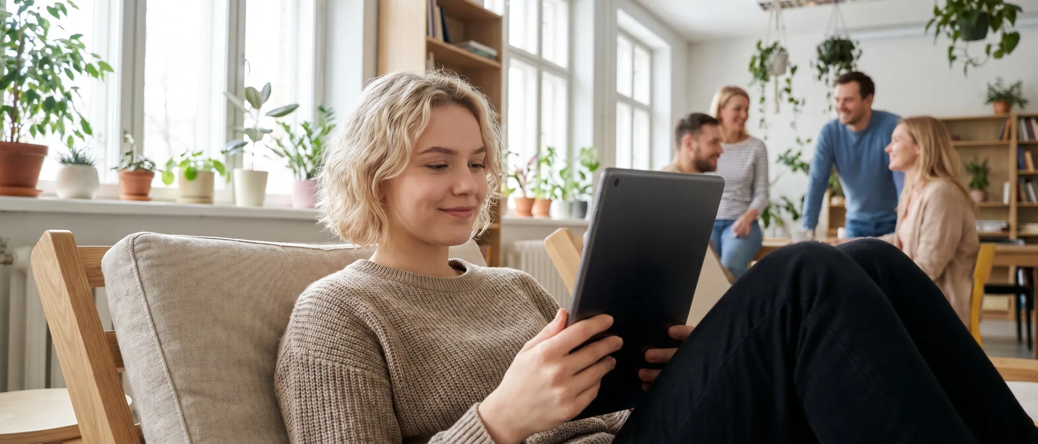 Inimene töötab heledas kontoris sülearvutil kaasaegse Google Adsi Editori alternatiiviga