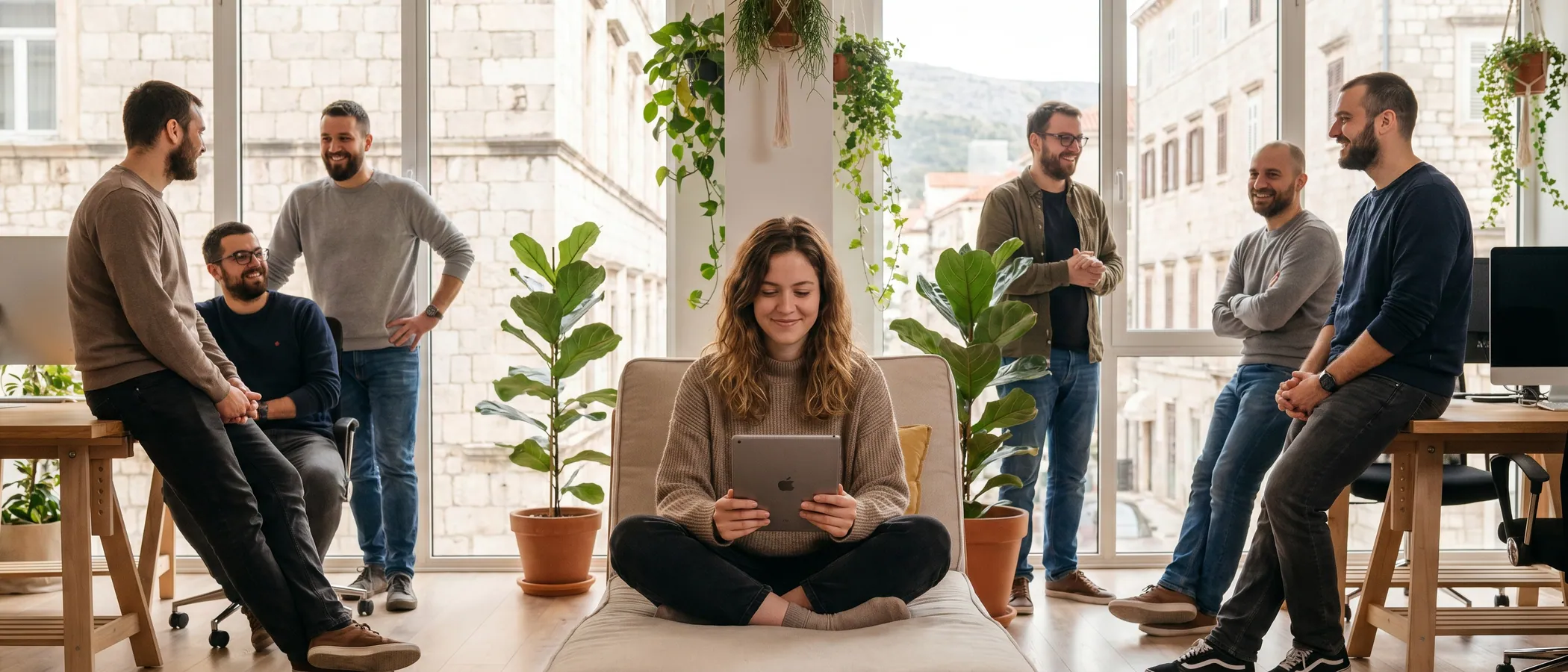 Osoba radi u modernoj web aplikaciji kao alternativi Google Ads Editoru na laptopu pri svjetlom stolu