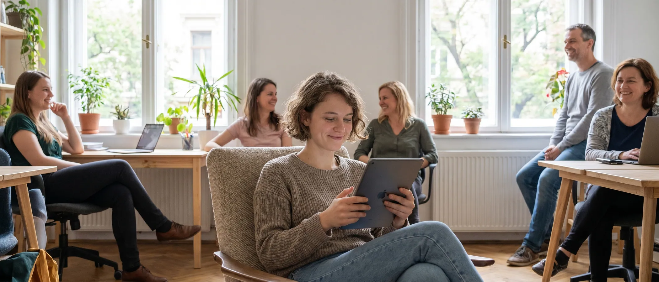 Személy modern webalkalmazást használ laptopon egy világos íróasztalnál, a Google Ads Editor alternatívájaként