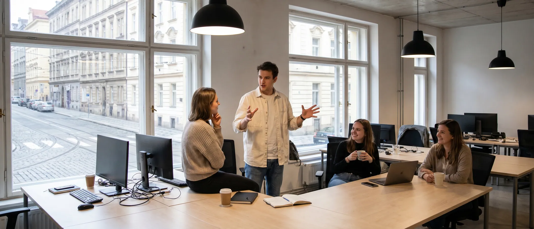 Tři kolegové z malé marketingové agentury společně sledují výsledky Google Ads na jednom laptopu