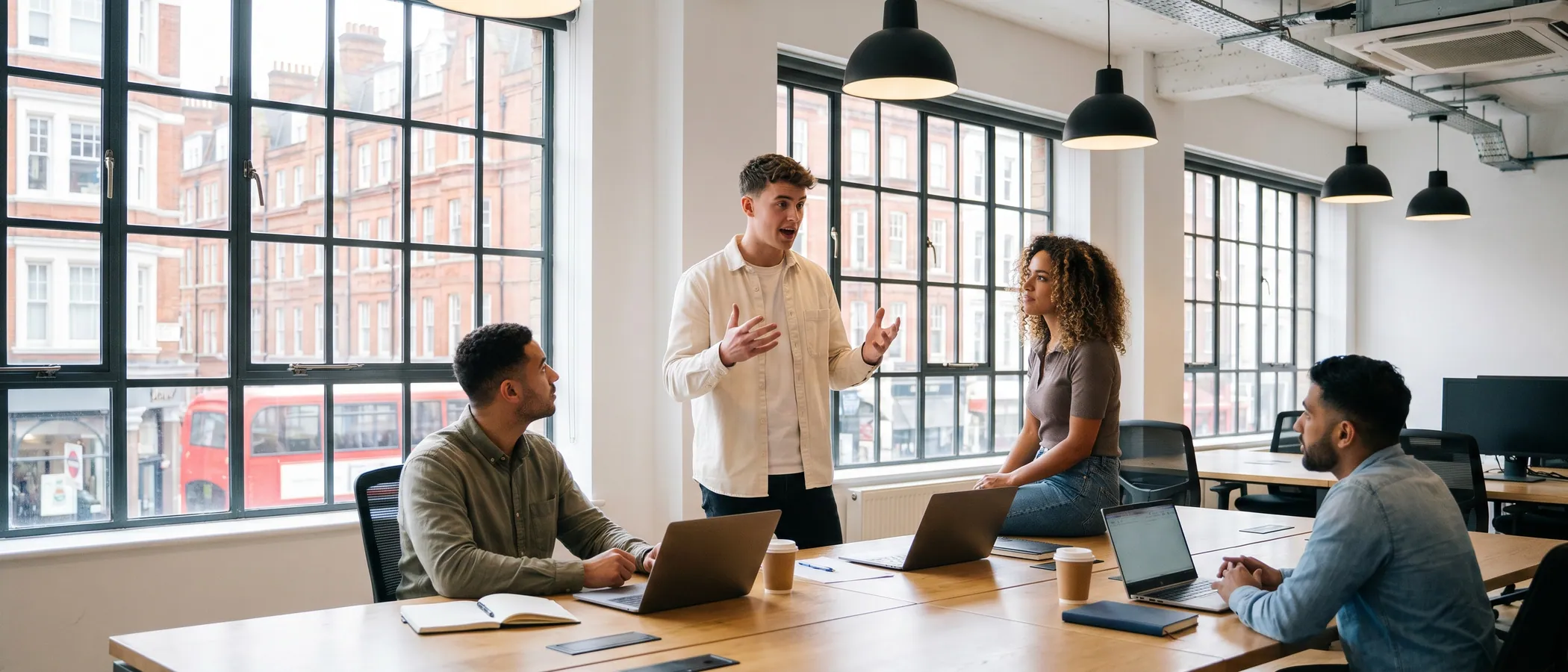 Three coworkers at a small marketing agency reviewing Google Ads results on one laptop