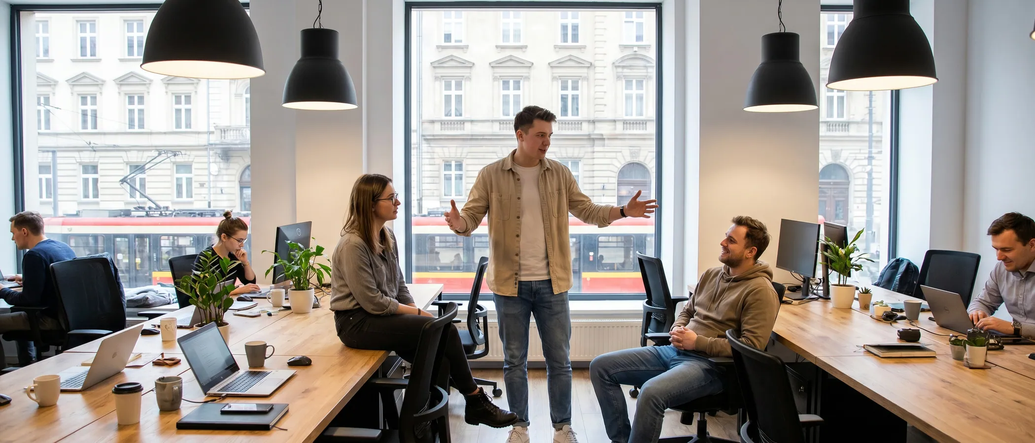 Trzech pracowników agencji marketingowej wspólnie analizuje kampanie Google Ads na laptopie