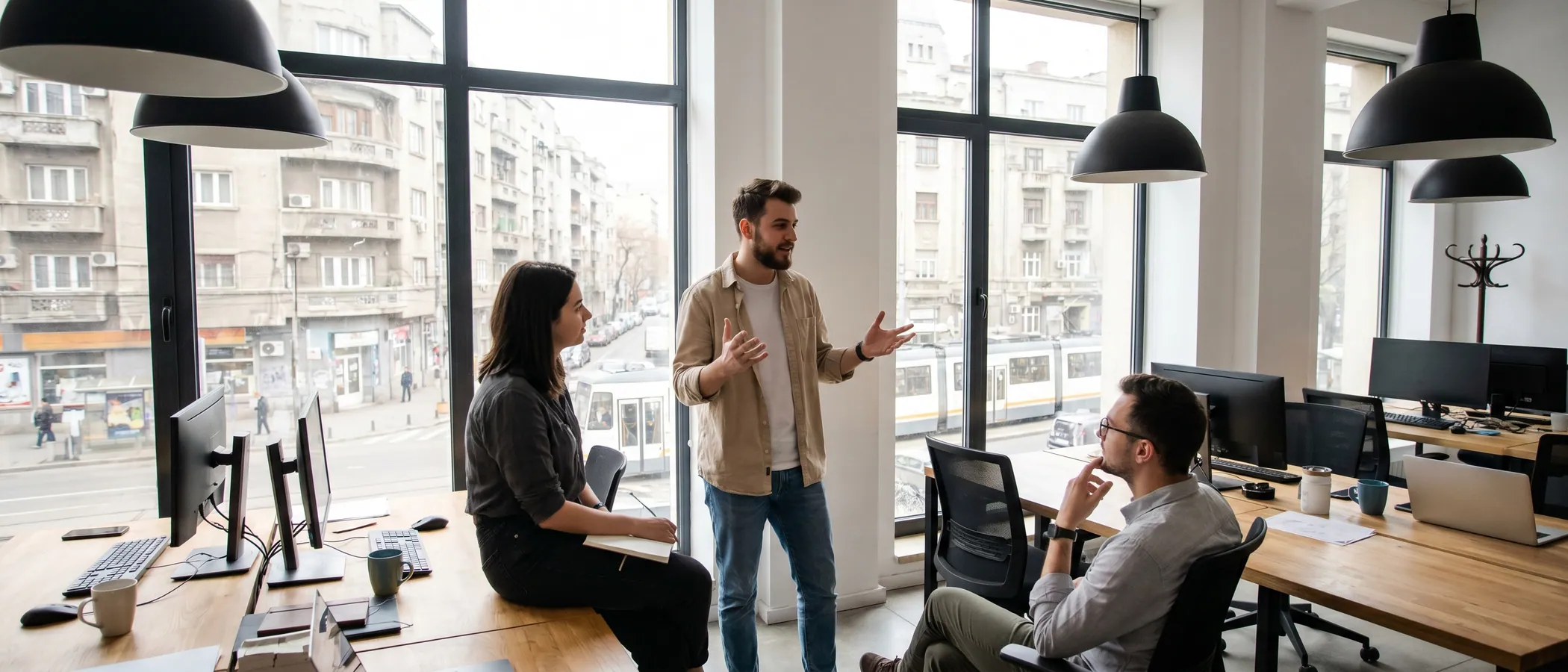 Trei colegi dintr-o agenție de marketing analizează împreună campanii Google Ads pe un laptop