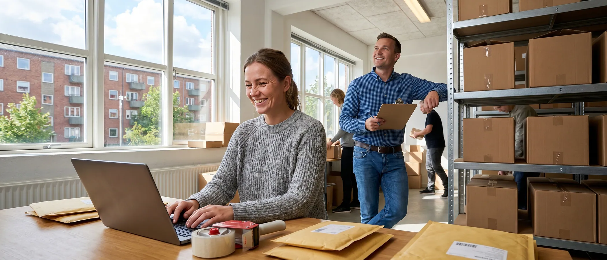 Person driver en netbutik og arbejder med Google Ads-annoncering ved en laptop omgivet af pakker