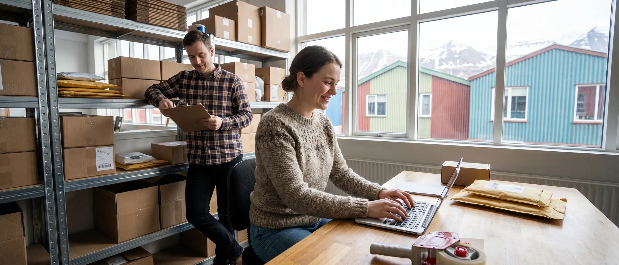 Einstaklingur rekur netverslun og vinnur með Google Ads á fartölvu við hliðina á pappakössum
