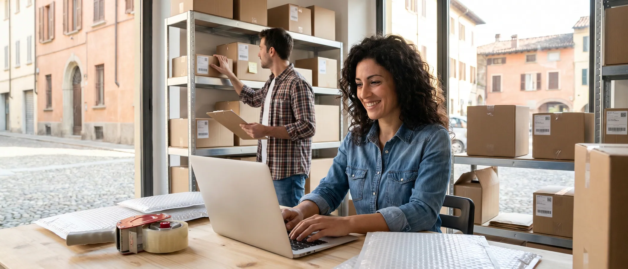 Persona che gestisce un negozio online su un laptop circondato da scatole di spedizione per Google Ads ecommerce