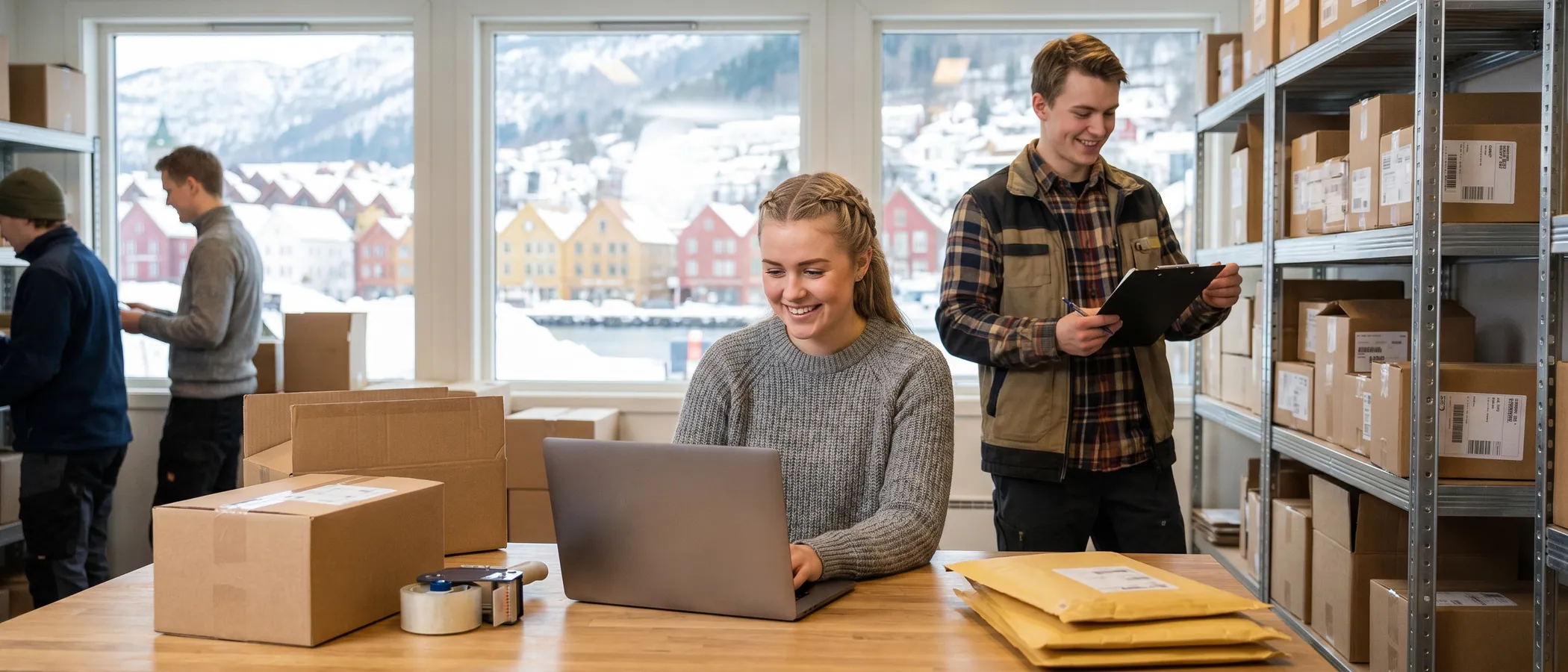 Person driver nettbutikk og jobber med Google Ads-annonser på laptop omgitt av frakteesker