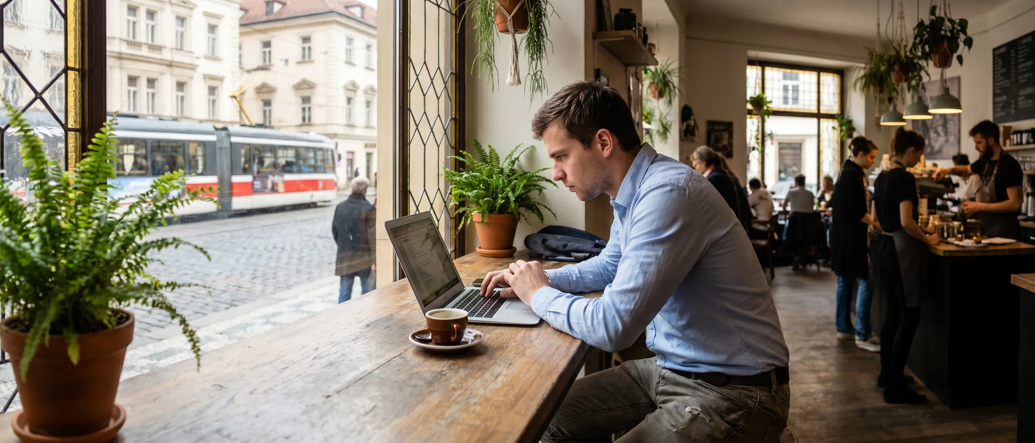 Freelancer pracuje na Google Ads kampani na laptopu ve svém domácím pracovním koutě