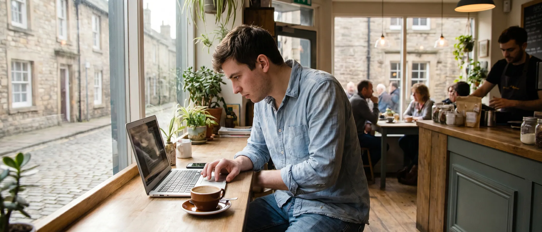 A freelancer managing Google Ads independently on a laptop in a home office