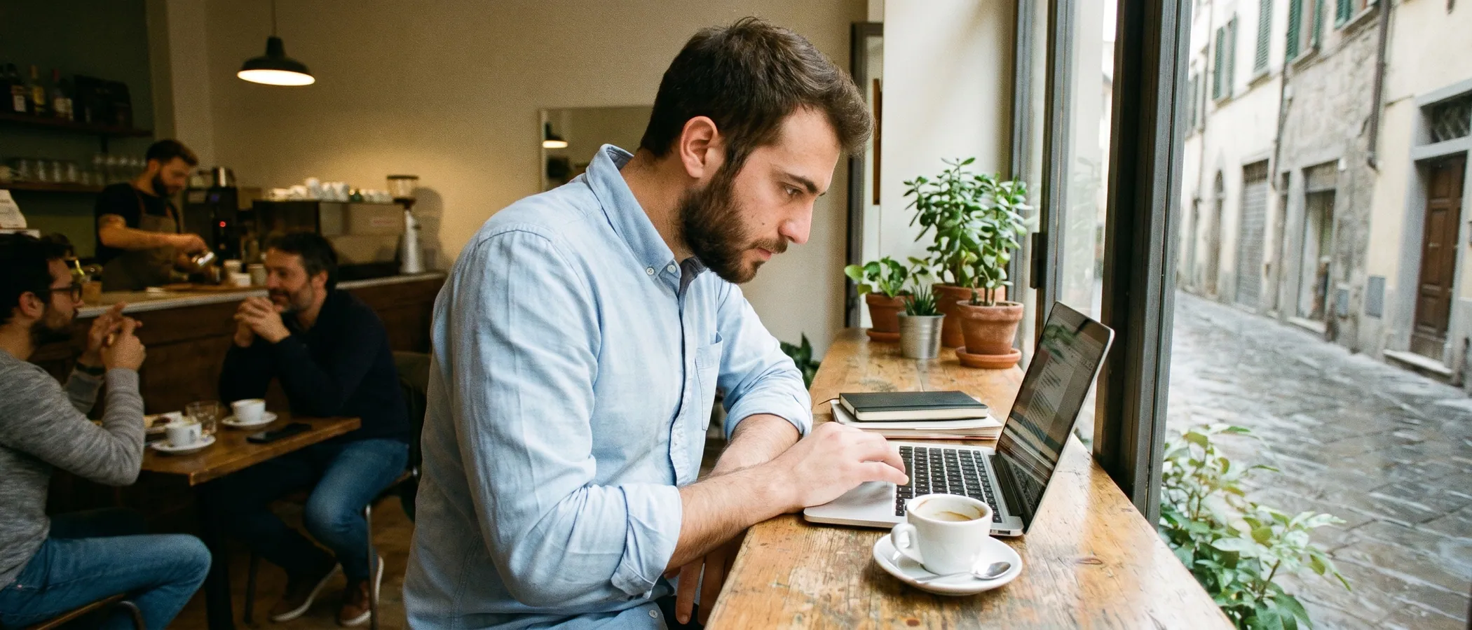 Freelancer che gestisce campagne Google Ads su un laptop nel proprio home office