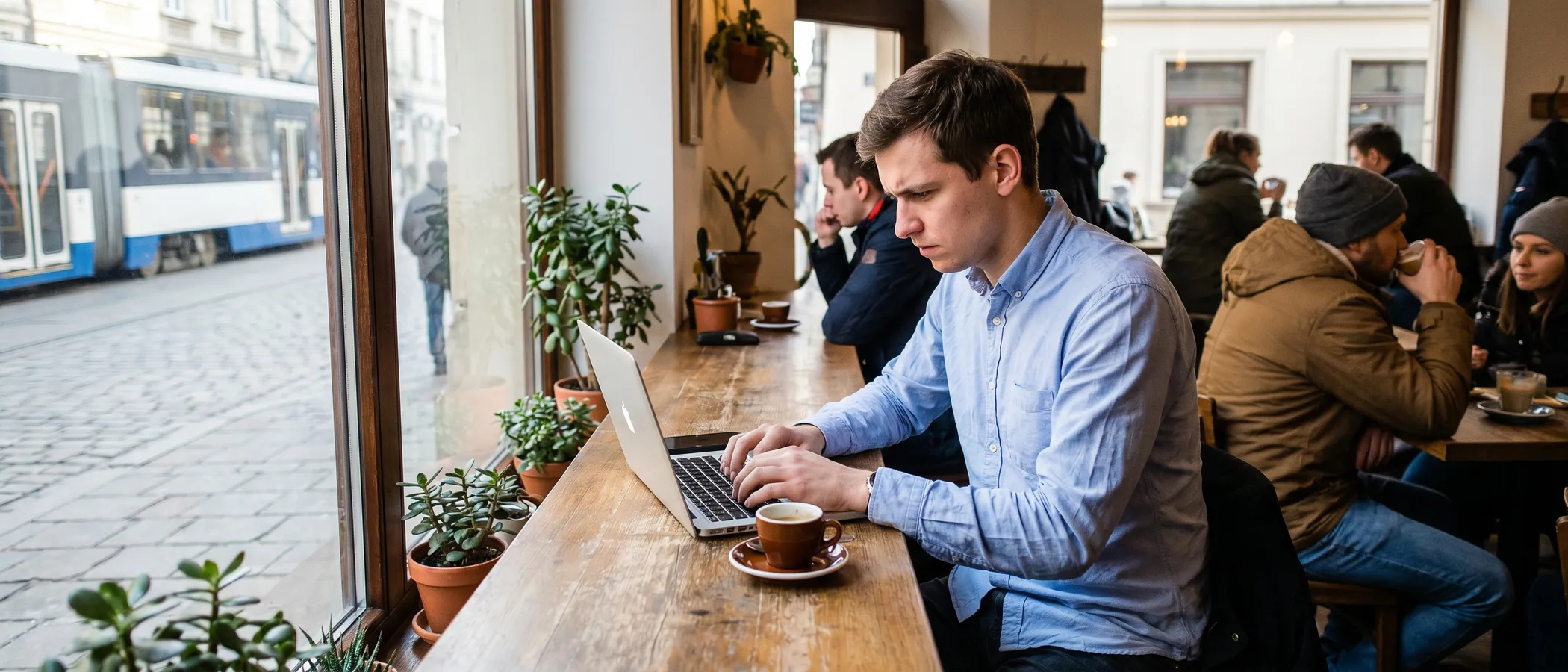 Freelancer prowadzi kampanie Google Ads na laptopie w domowym biurze