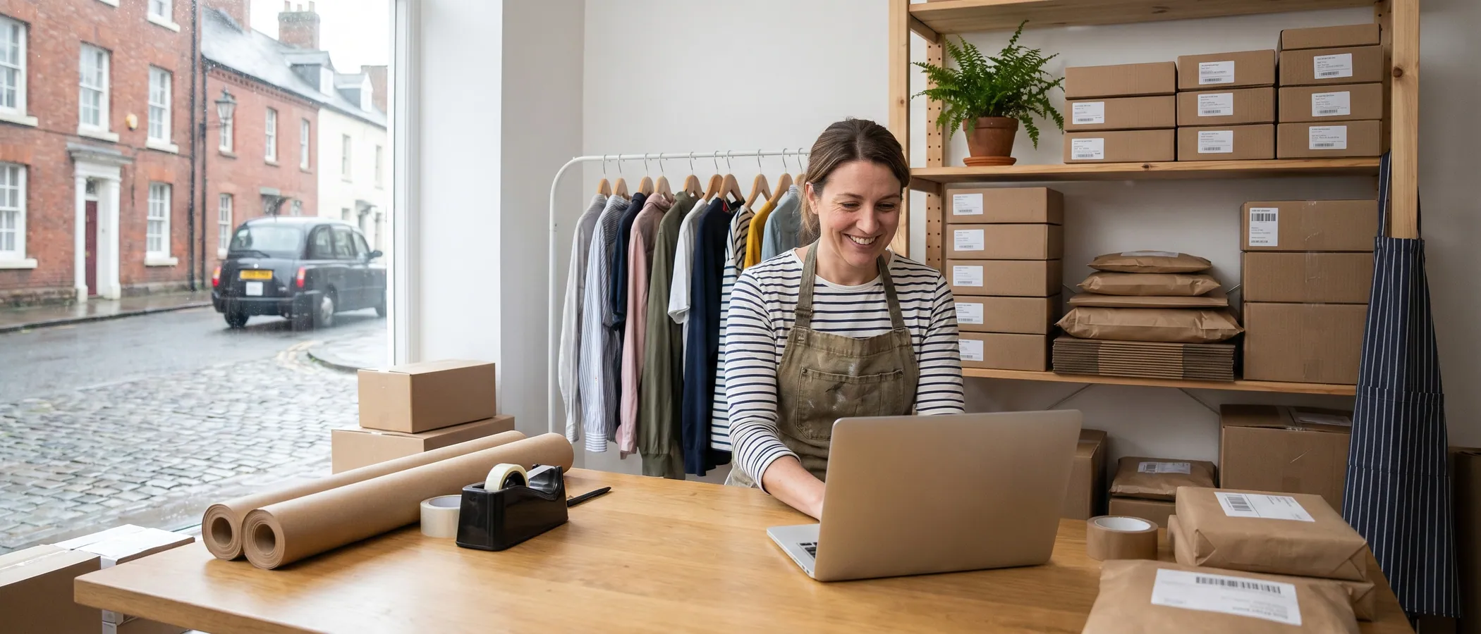 A small business owner in an apron checking Google Ads on a tablet in their shop