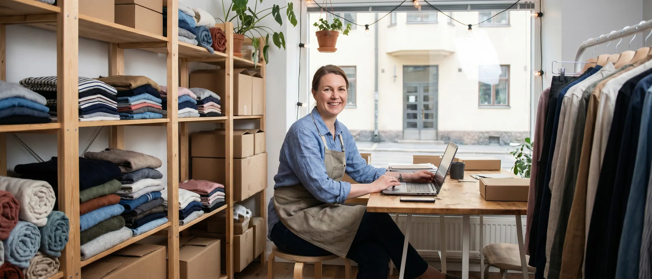 Pienen liikkeen omistaja esiliinassaan tarkistaa Google Ads -mainontaa tabletilta omassa myymälässään