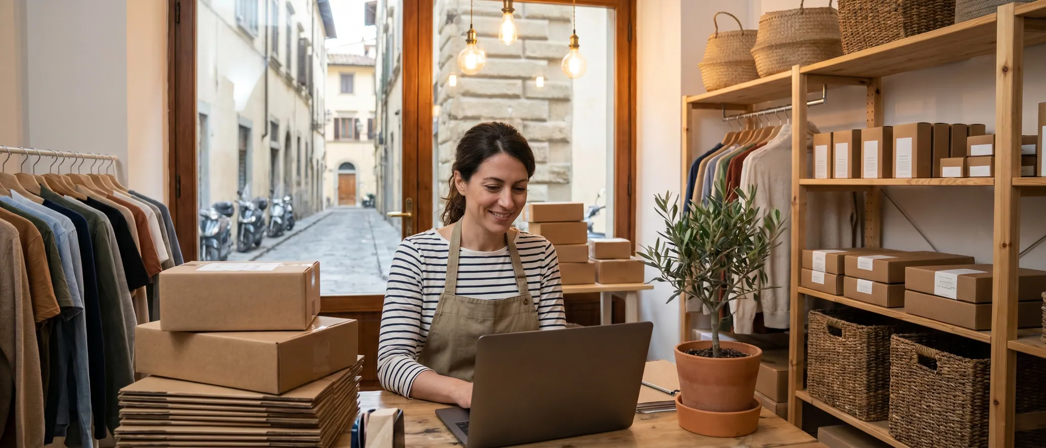 Titolare di un negozio con grembiule che controlla le campagne Google Ads su un tablet nel proprio locale