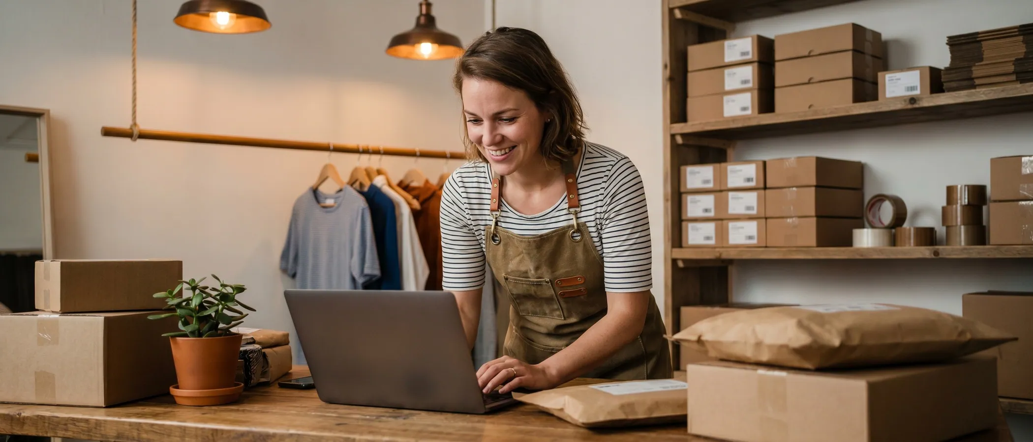 Kleine ondernemer in schort controleert Google Ads voor zijn winkel op een tablet