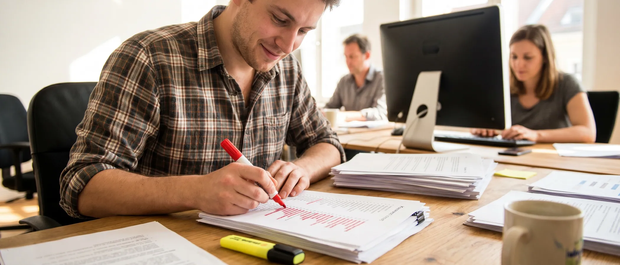 Person überprüft Suchdaten auf dem Laptop und verfeinert eine Liste mit negativen Keywords