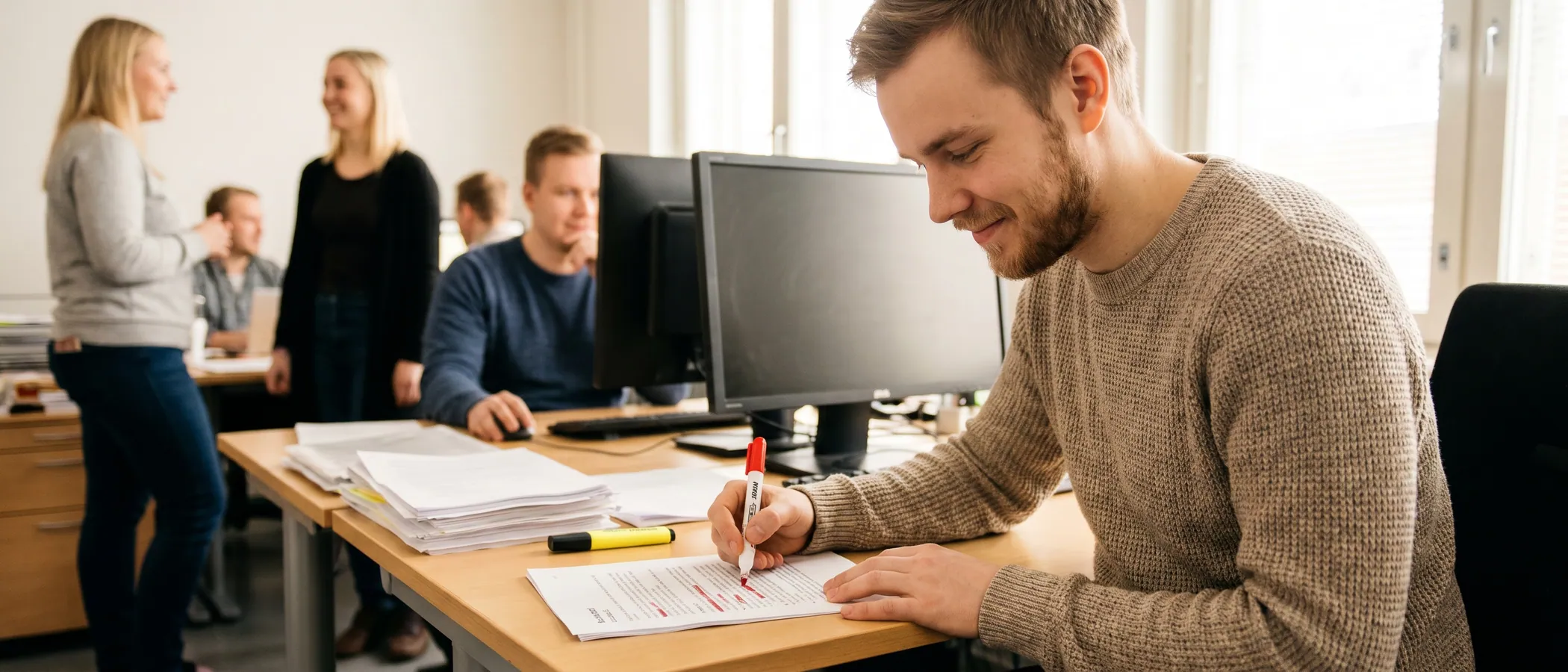 Henkilö tarkistaa hakudataa kannettavalta ja karsii Google Ads -negatiivisia avainsanoja listaltaan