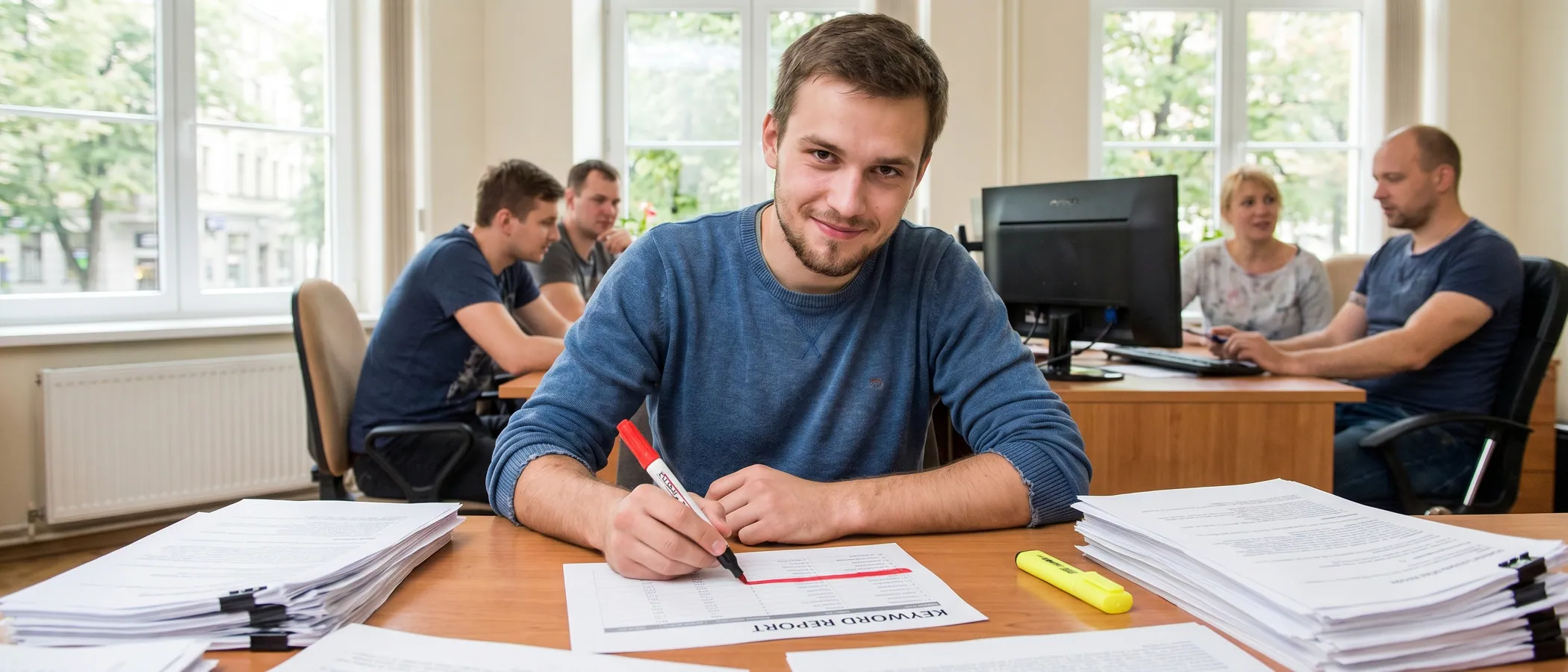 Cilvēks pārskata meklēšanas datus klēpjdatorā un precizē negatīvo atslēgvārdu sarakstu