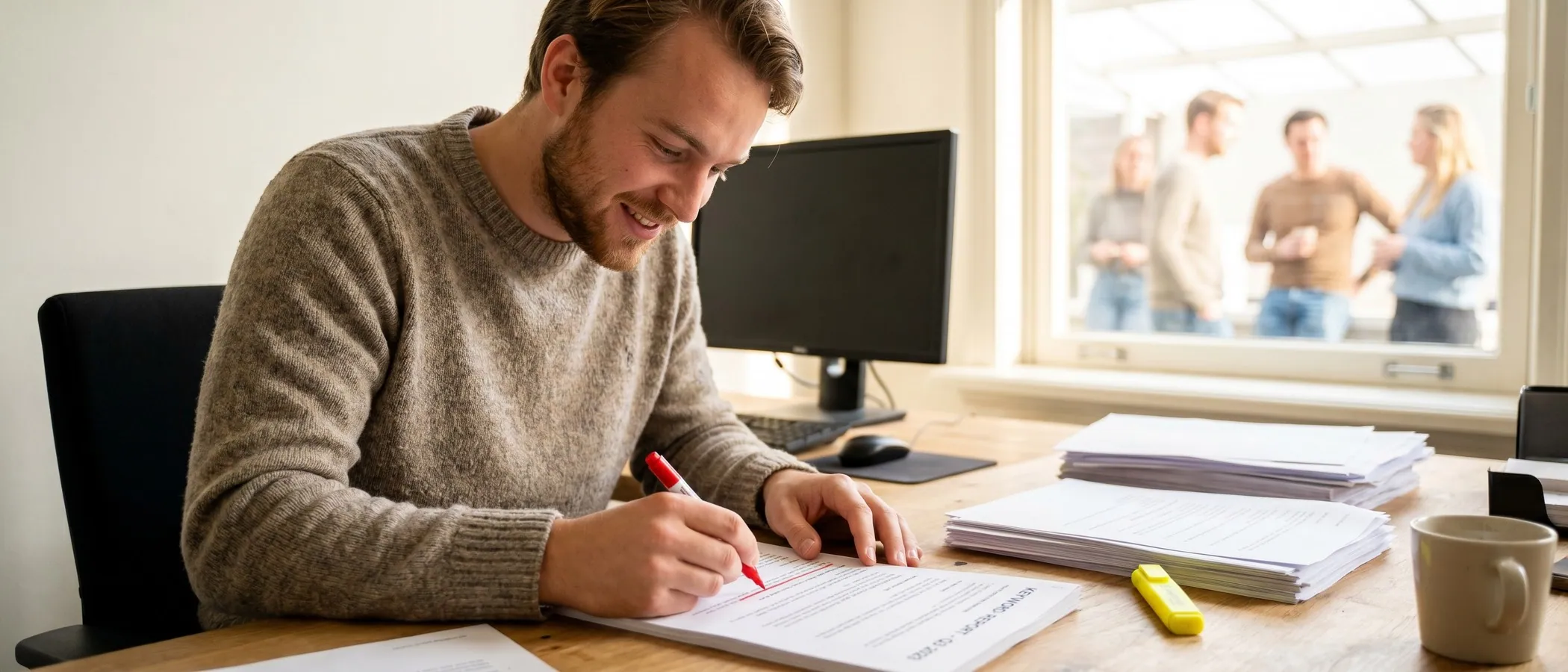 Persoon verfijnt een lijst met negatieve zoekwoorden voor Google Ads op een laptop