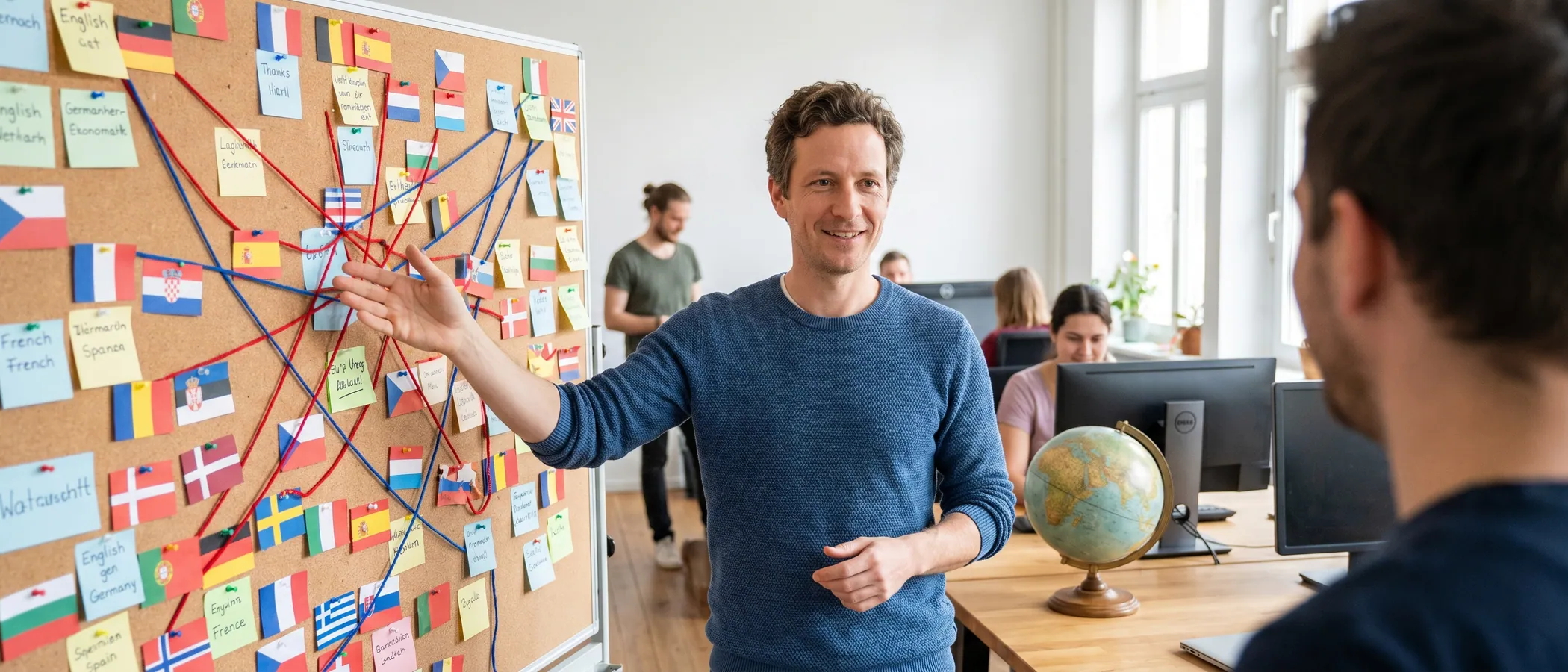 Marketerin bearbeitet an einem modernen Schreibtisch internationale mehrsprachige Google-Ads-Kampagnen auf dem Laptop