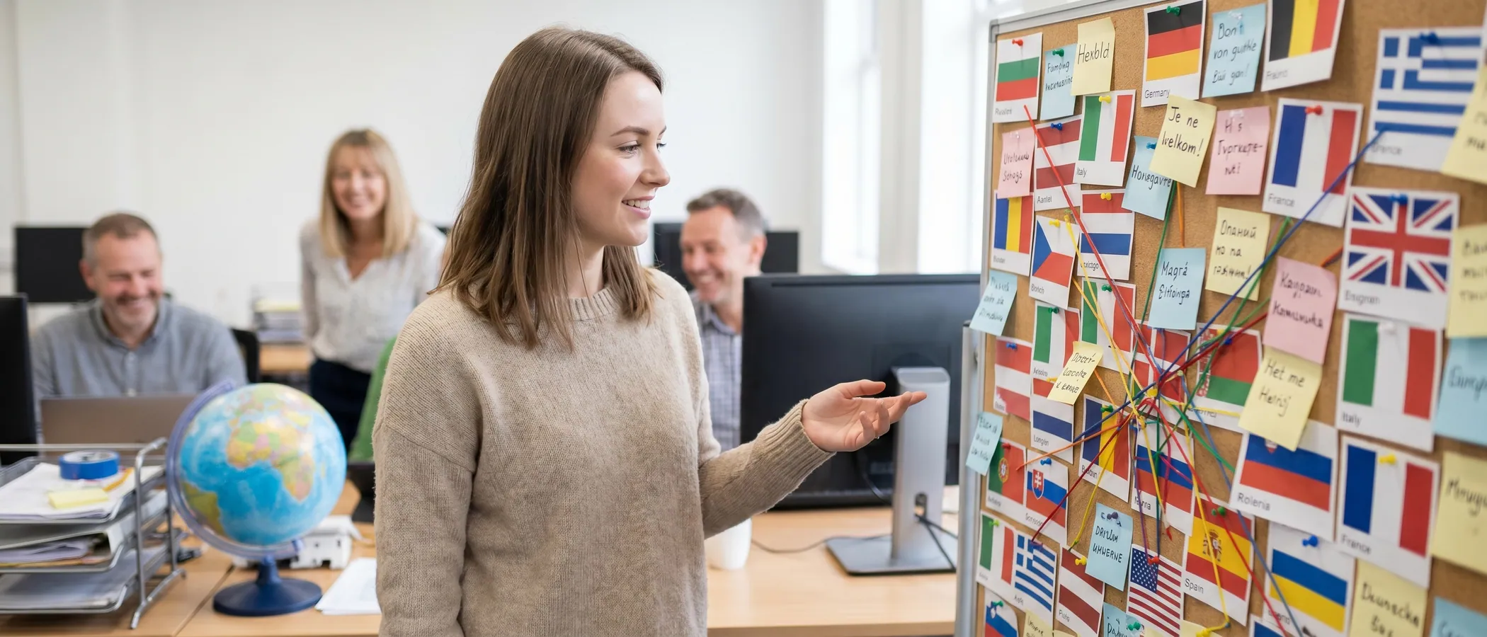A marketer managing multilingual Google Ads campaigns on a laptop at a modern desk