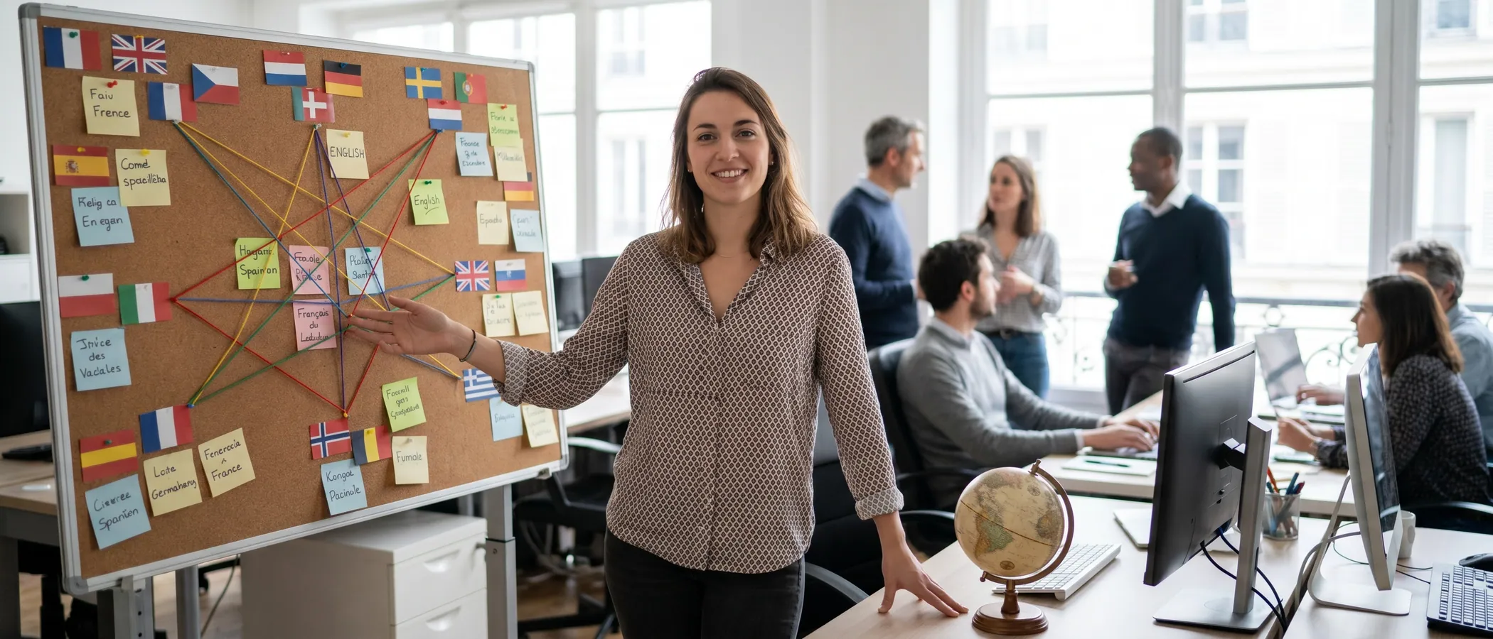 Un spécialiste marketing gère des campagnes Google Ads multilingues sur son ordinateur à un bureau moderne